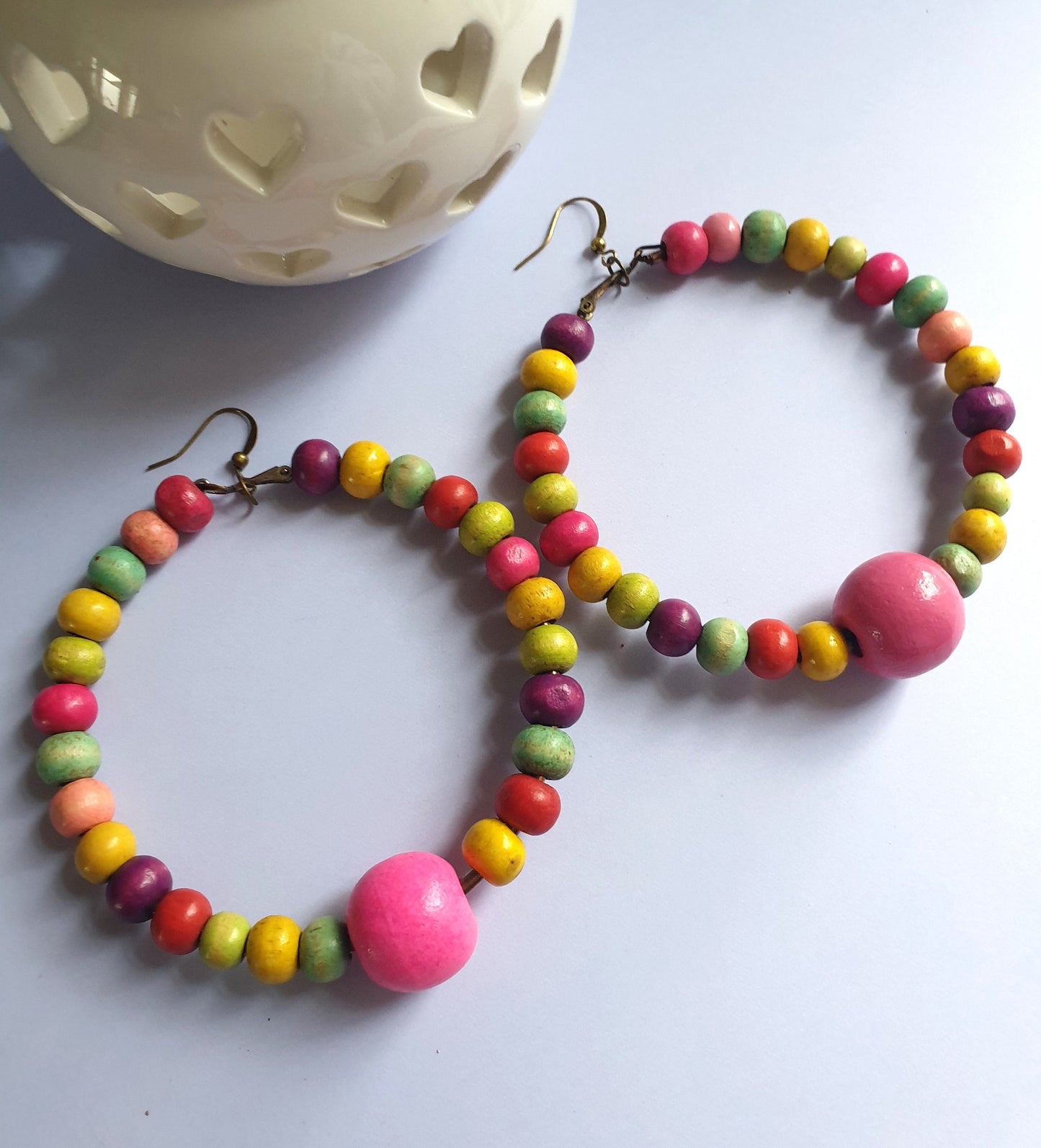 Recycled Multi Colour Wooden Beaded Hoop Earrings. Hypoallergenic, Nickel and Allergy Free