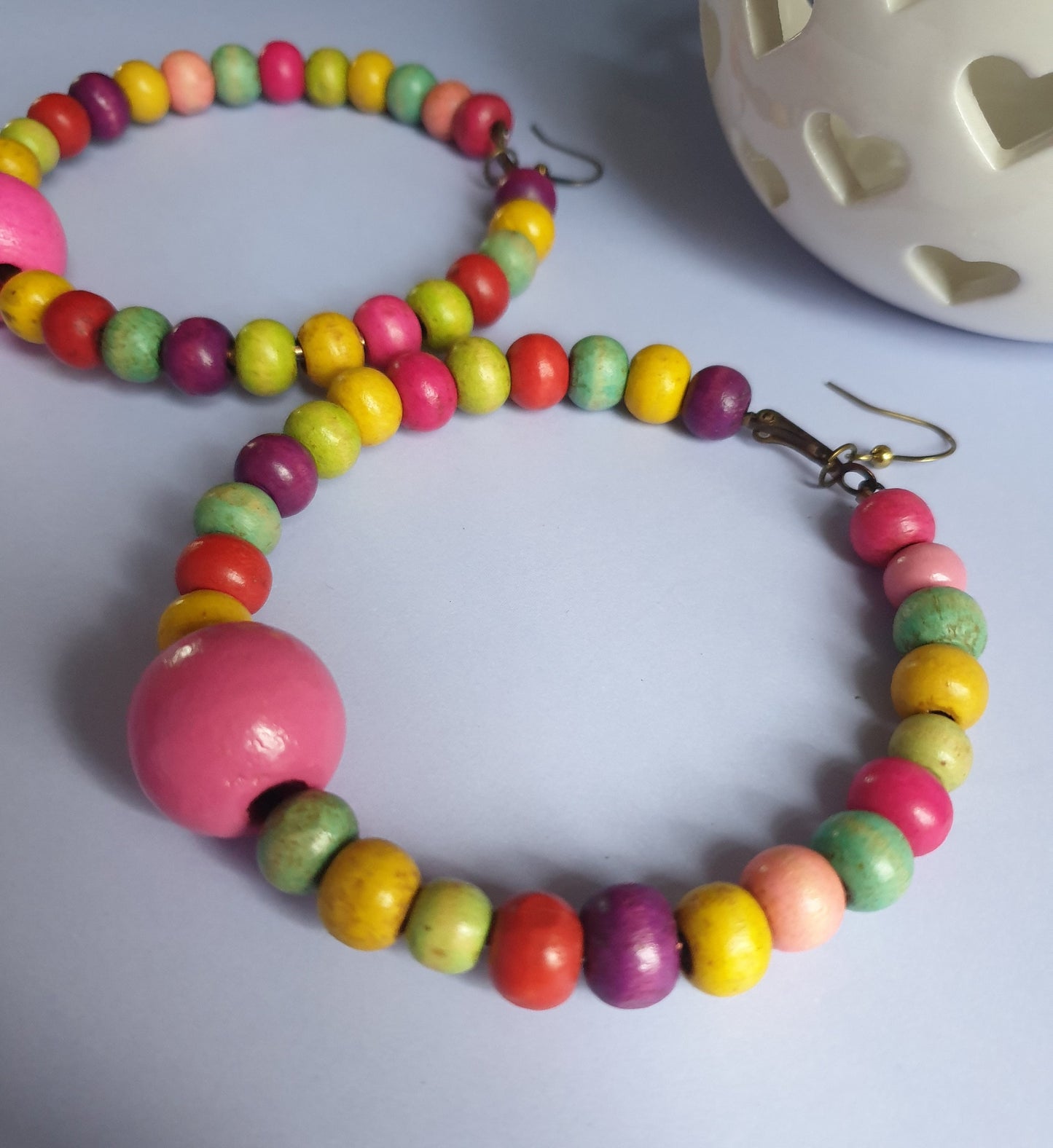 Recycled Multi Colour Wooden Beaded Hoop Earrings. Hypoallergenic, Nickel and Allergy Free