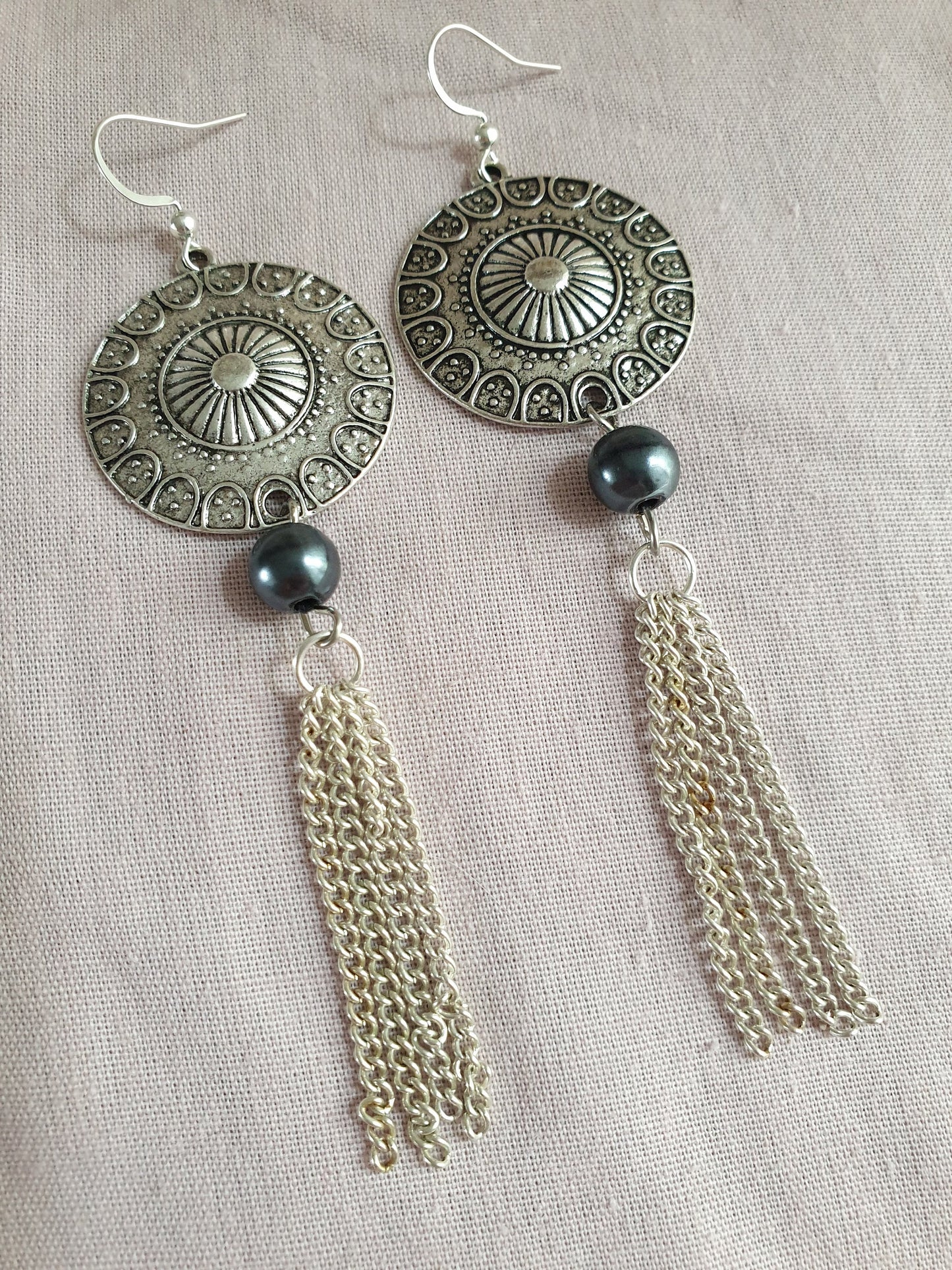 Silver Tone Circle Tassel Earrings with Bead Detail. Hypoallergenic, Allergy and Nickel Free. Upcycled Recycled Jewellery