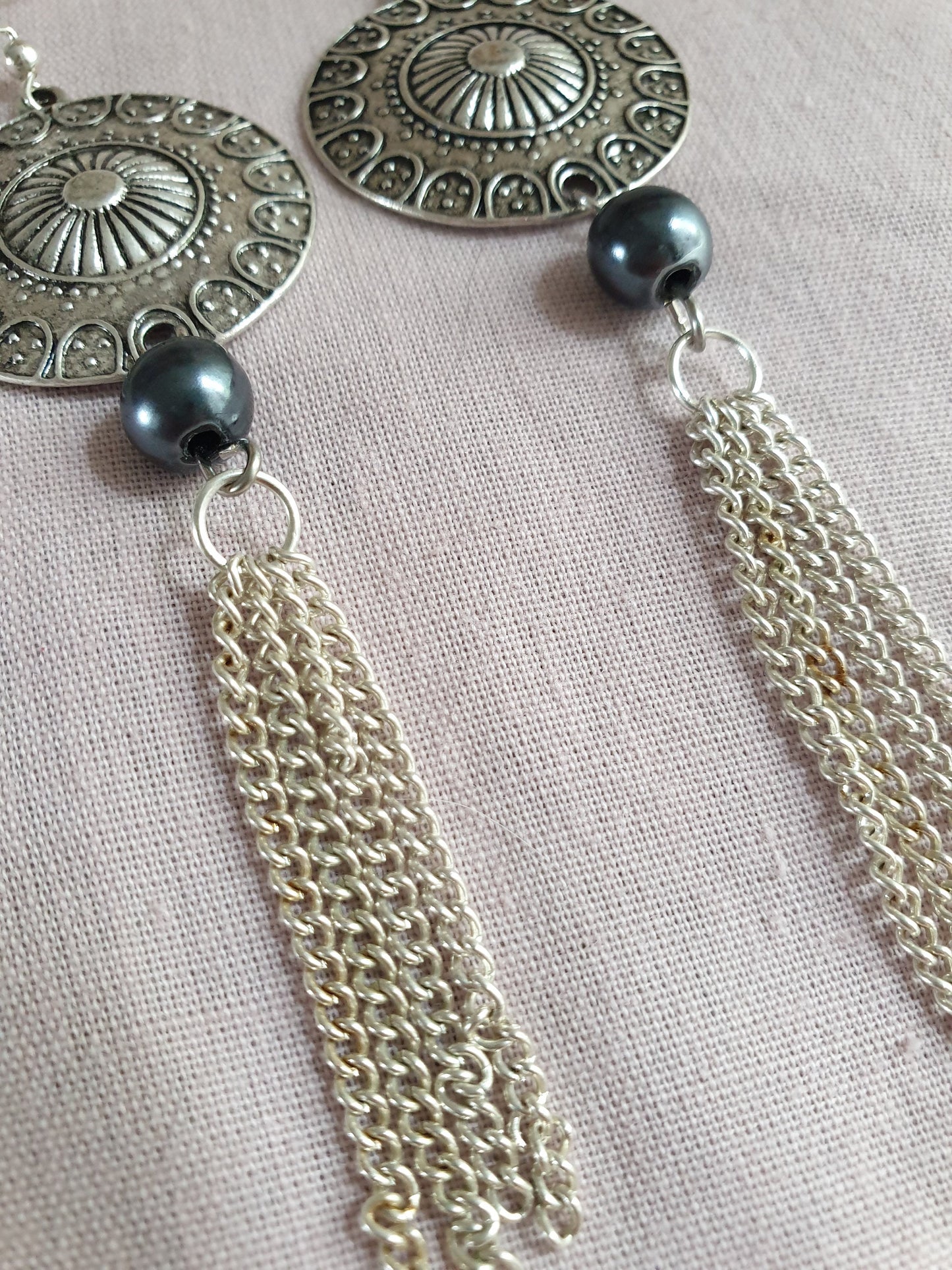 Silver Tone Circle Tassel Earrings with Bead Detail. Hypoallergenic, Allergy and Nickel Free. Upcycled Recycled Jewellery