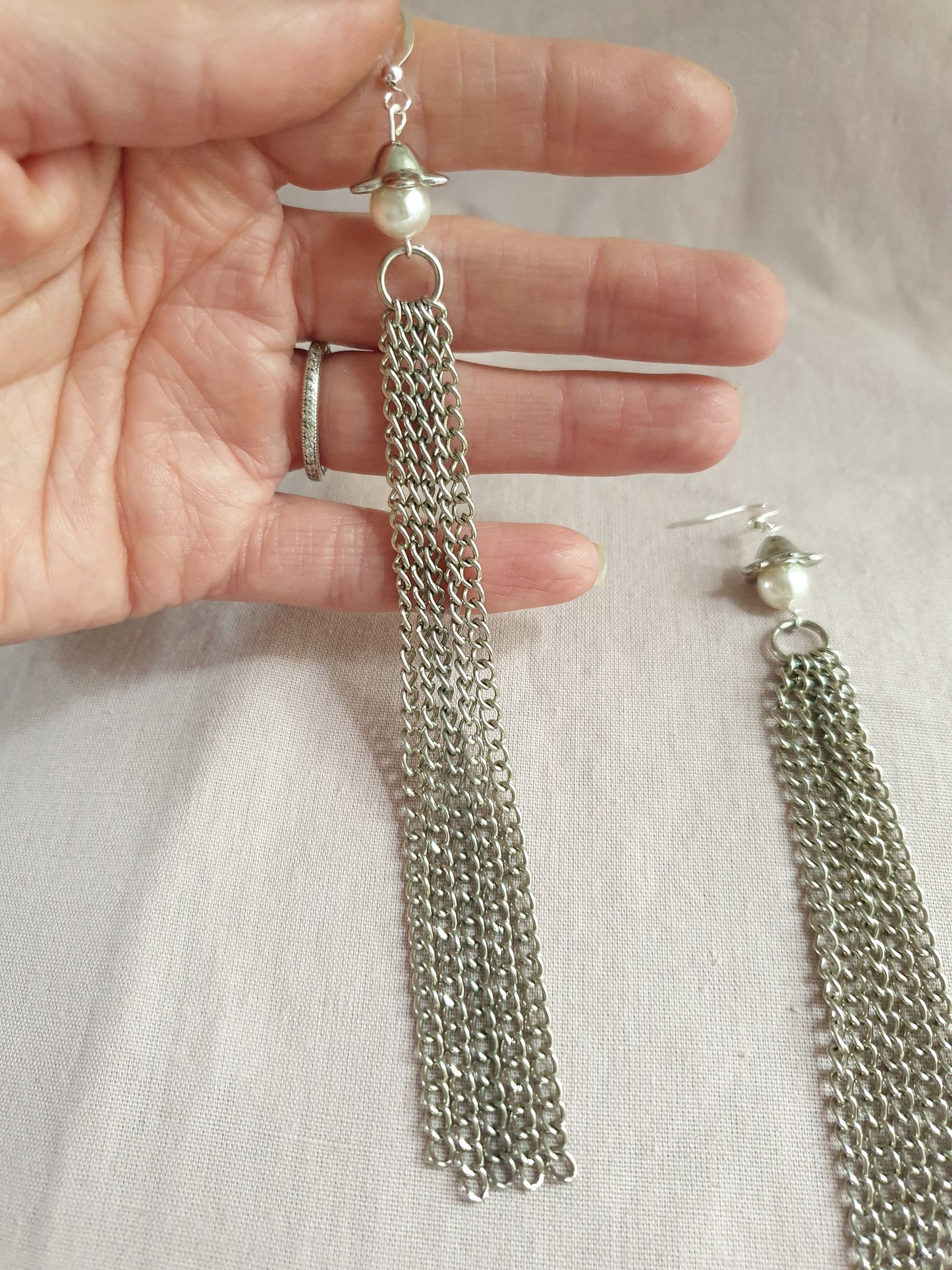 Silver Tone and Faux Pearl Very Long Tassel Earrings. Upcycled Earrings. Hypoallergenic Earrings, Nickel Free Earrings