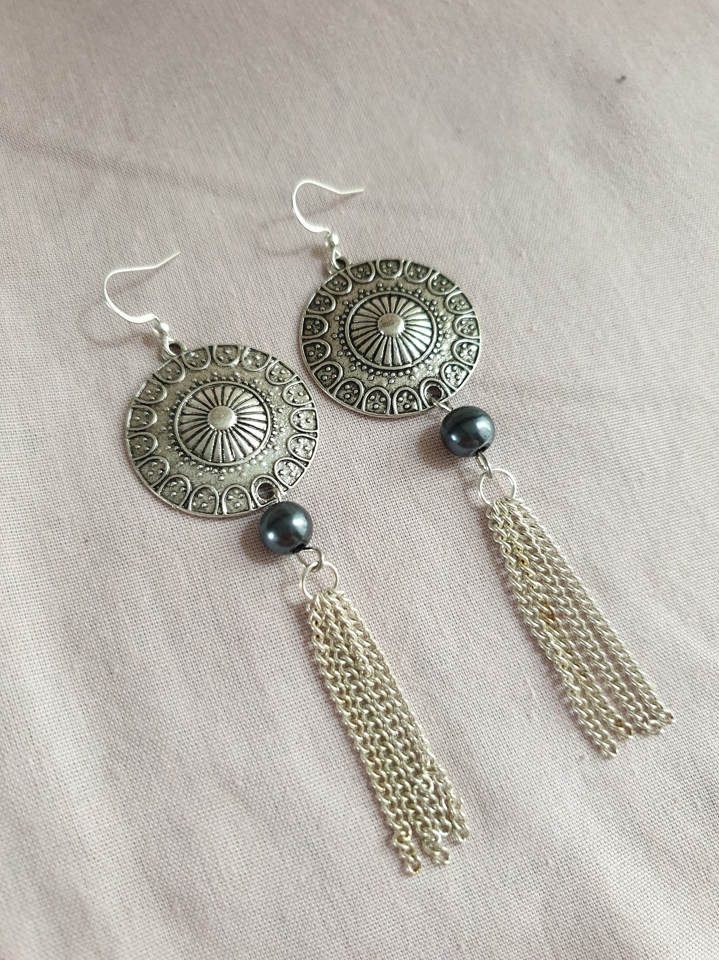 Silver Tone Circle Tassel Earrings with Bead Detail. Hypoallergenic, Allergy and Nickel Free. Upcycled Recycled Jewellery