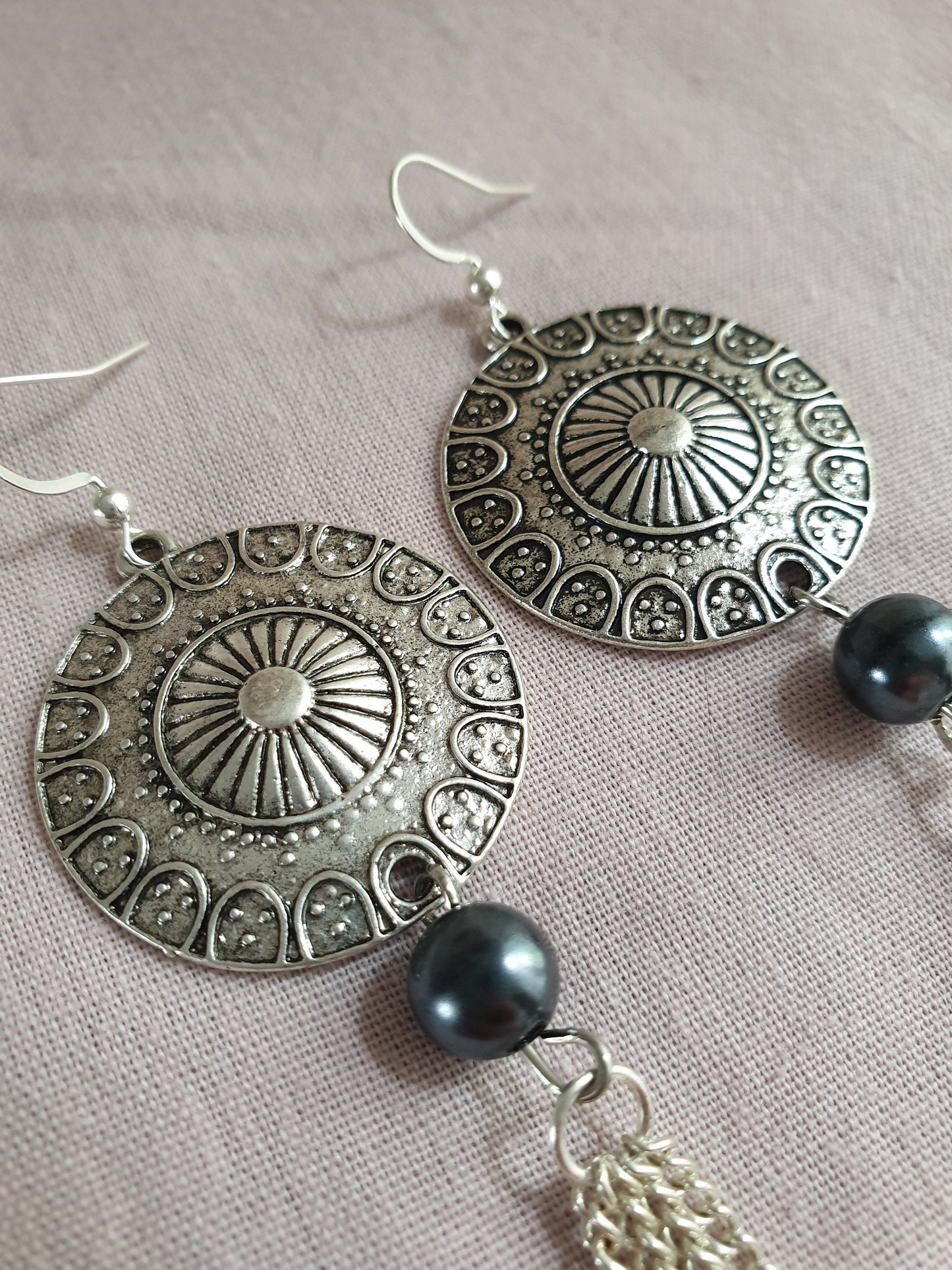 Silver Tone Circle Tassel Earrings with Bead Detail. Hypoallergenic, Allergy and Nickel Free. Upcycled Recycled Jewellery