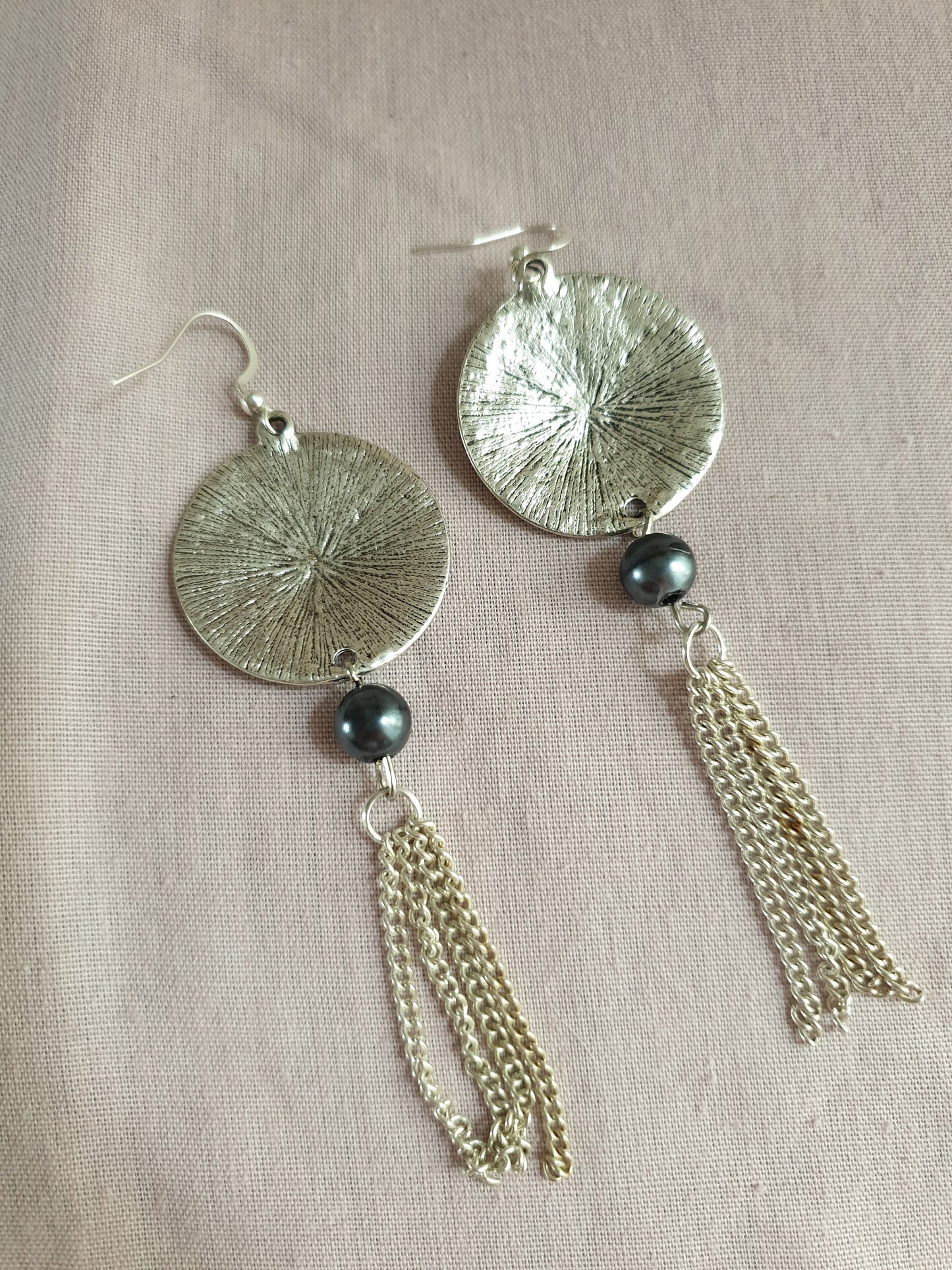 Silver Tone Circle Tassel Earrings with Bead Detail. Hypoallergenic, Allergy and Nickel Free. Upcycled Recycled Jewellery