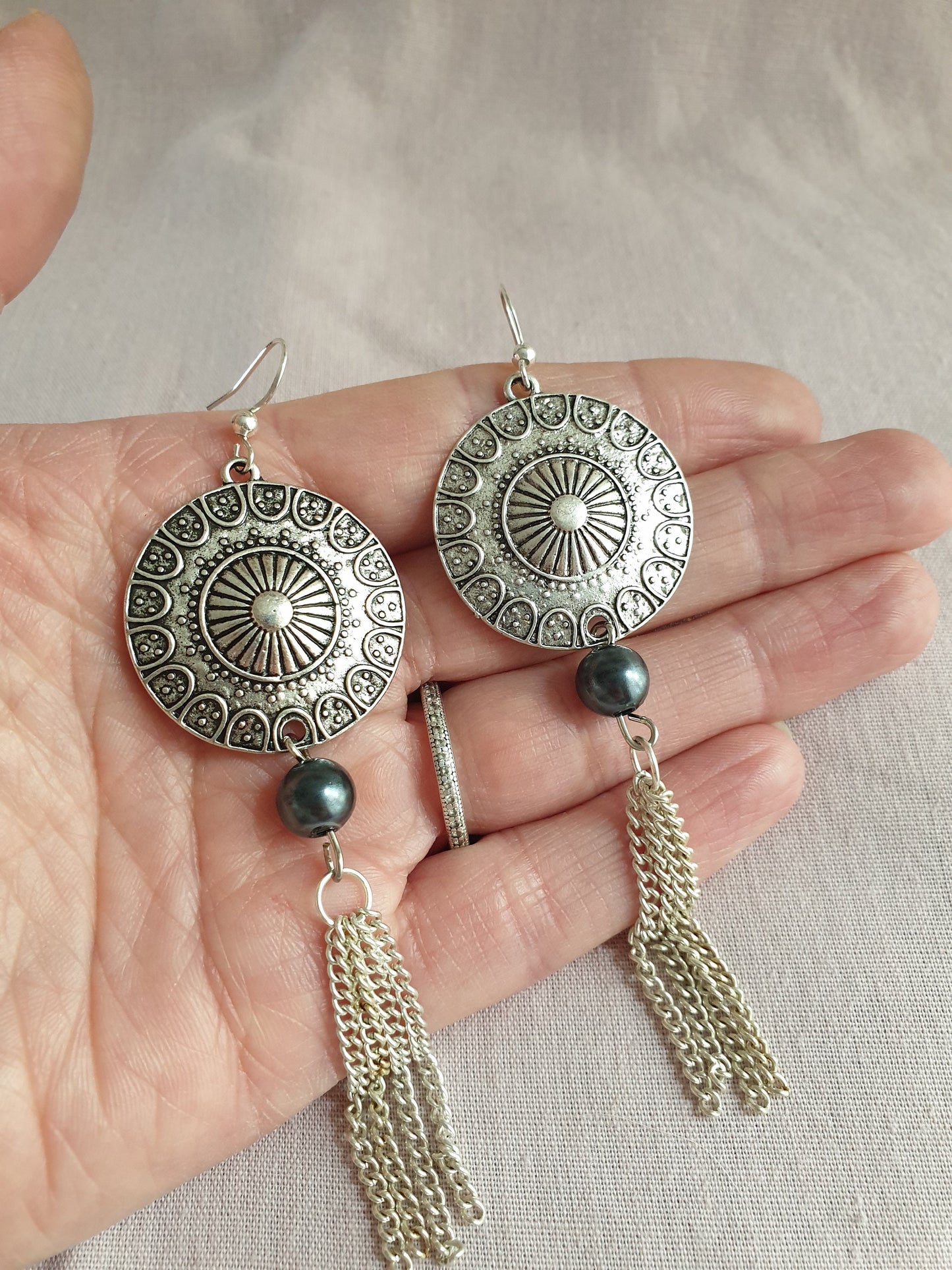 Silver Tone Circle Tassel Earrings with Bead Detail. Hypoallergenic, Allergy and Nickel Free. Upcycled Recycled Jewellery