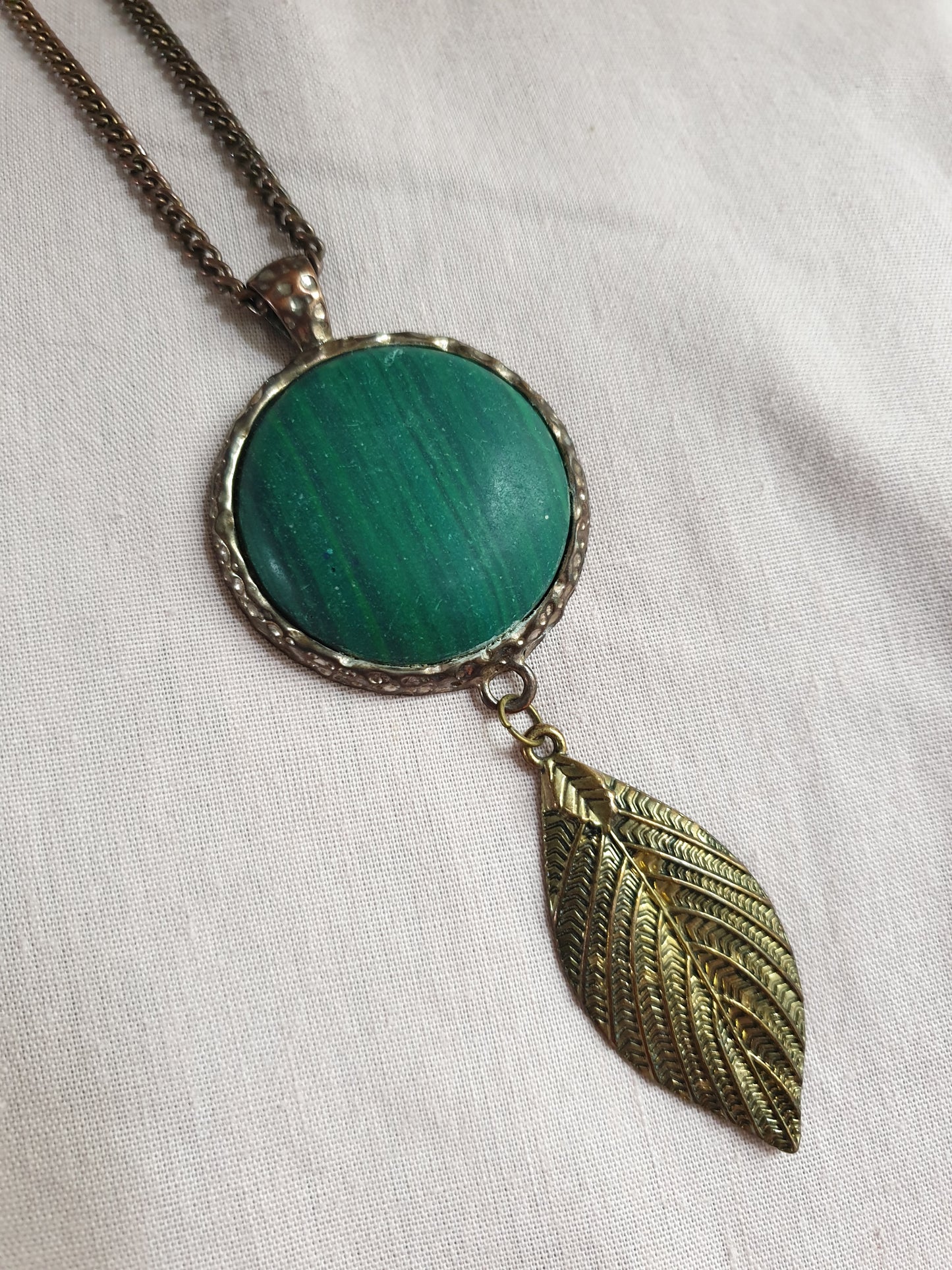 Long Line Copper Tone Statement Necklace with Green Pendant and Leaf Detail.  Recyced Jewellery