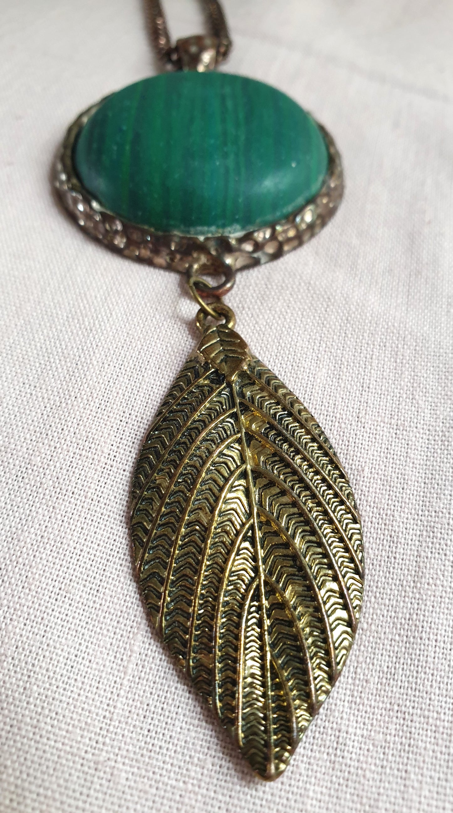 Long Line Copper Tone Statement Necklace with Green Pendant and Leaf Detail.  Recyced Jewellery