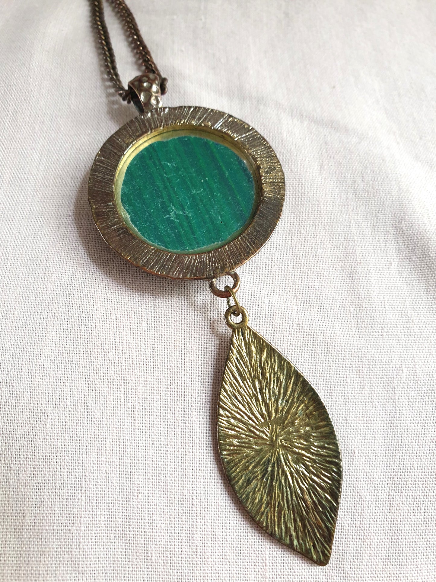 Long Line Copper Tone Statement Necklace with Green Pendant and Leaf Detail.  Recyced Jewellery