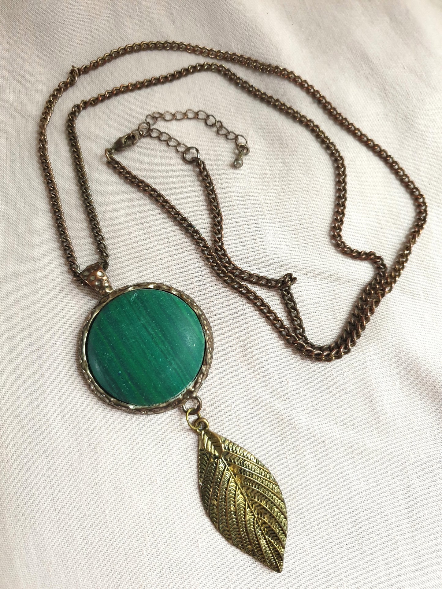 Long Line Copper Tone Statement Necklace with Green Pendant and Leaf Detail.  Recyced Jewellery