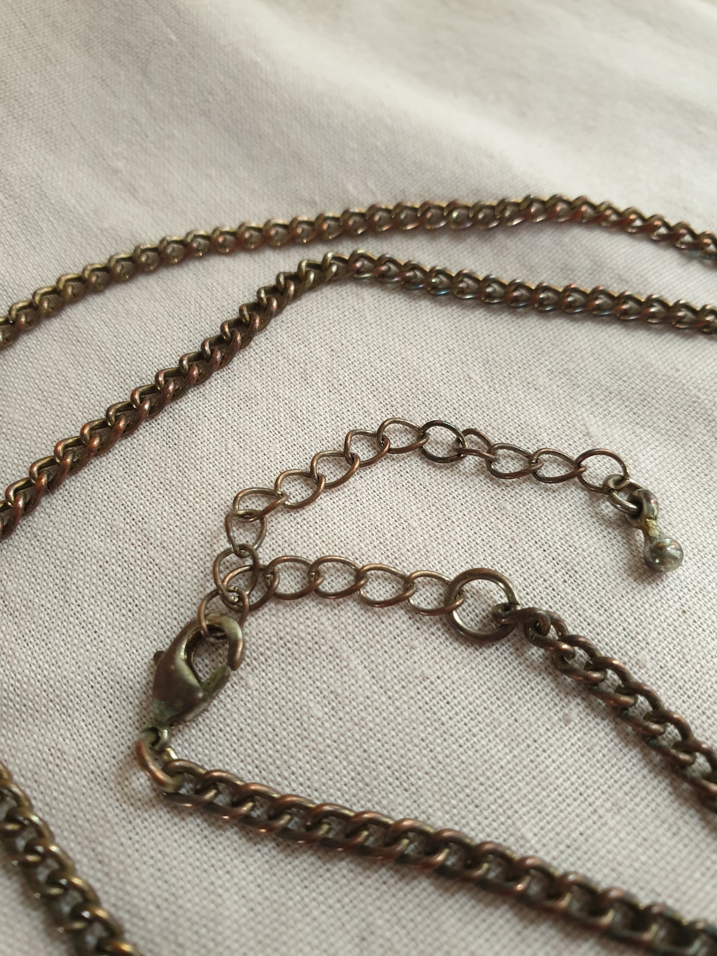 Long Line Copper Tone Statement Necklace with Green Pendant and Leaf Detail.  Recyced Jewellery