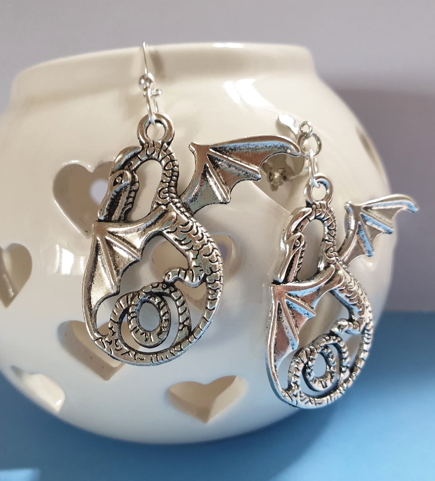 Silver Tone Dragon Statement Earrings. Hypoallergenic, Nickel Free or Clip Ons. Dragon Jewellery