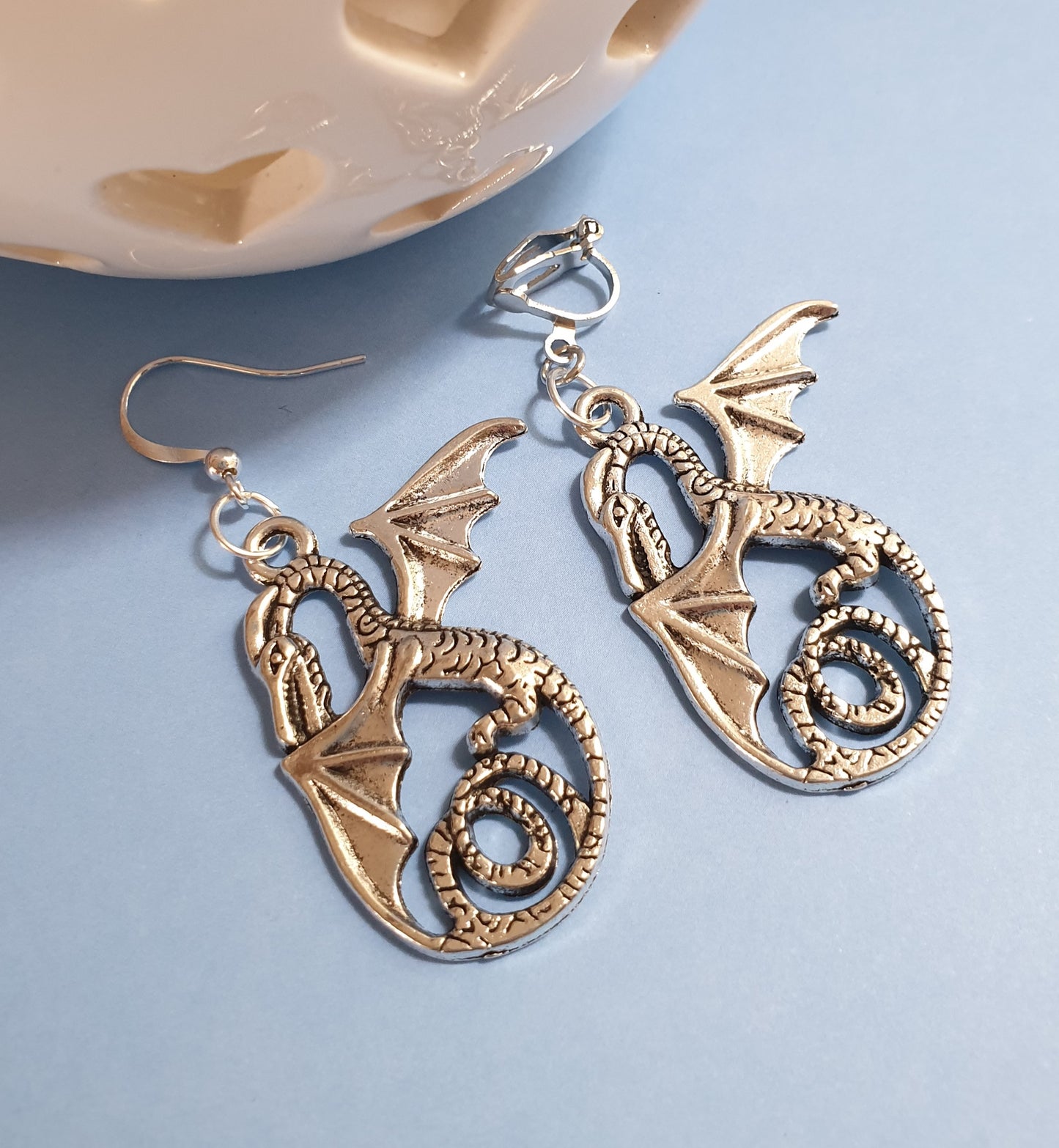 Silver Tone Dragon Statement Earrings. Hypoallergenic, Nickel Free or Clip Ons. Dragon Jewellery