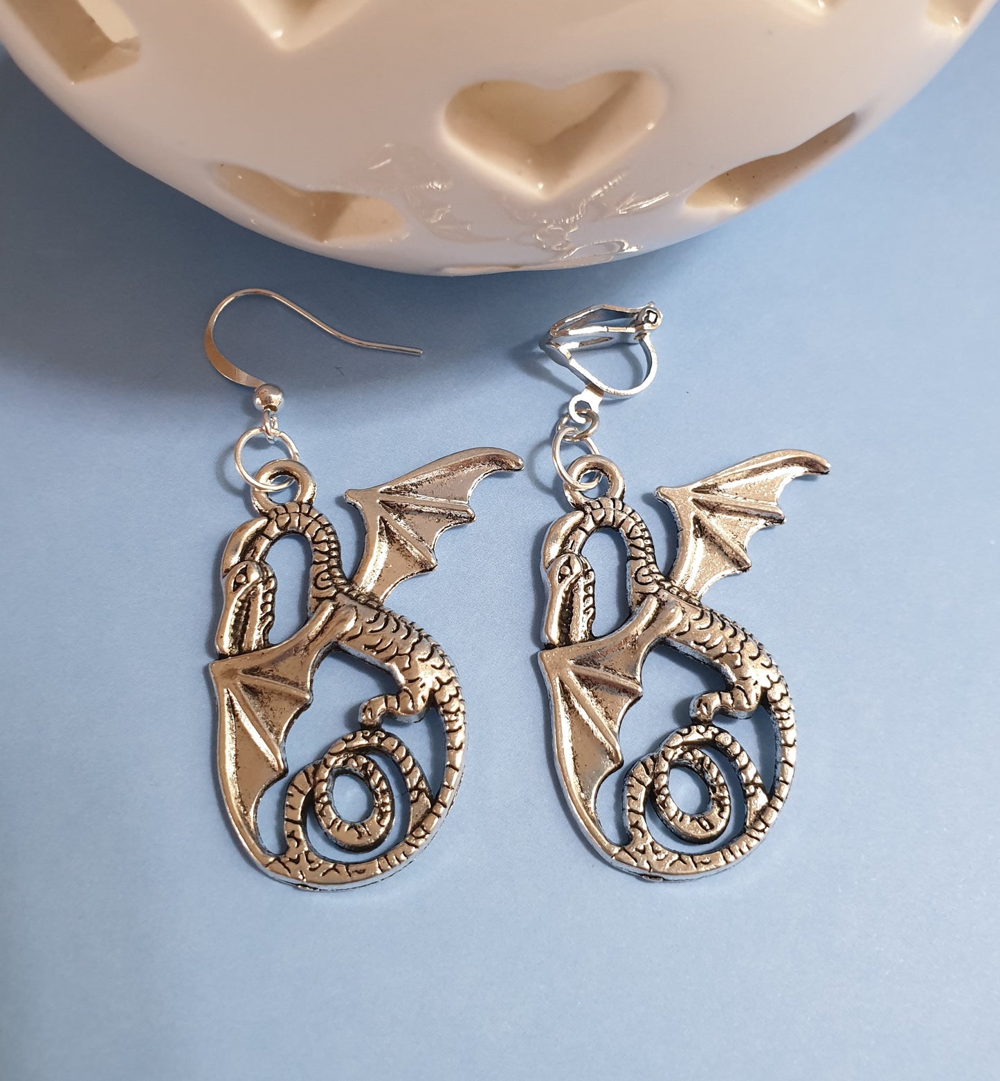 Silver Tone Dragon Statement Earrings. Hypoallergenic, Nickel Free or Clip Ons. Dragon Jewellery