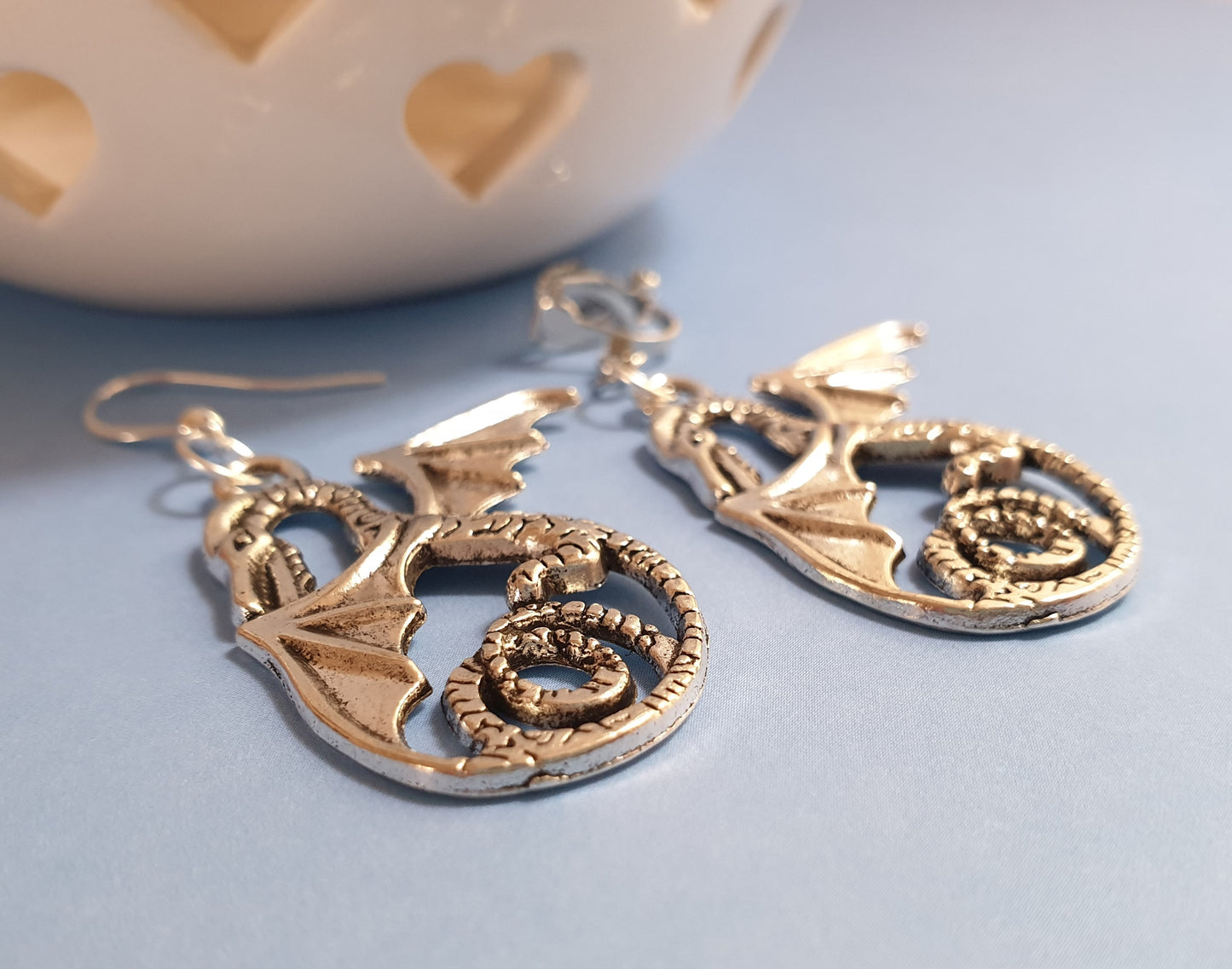 Silver Tone Dragon Statement Earrings. Hypoallergenic, Nickel Free or Clip Ons. Dragon Jewellery