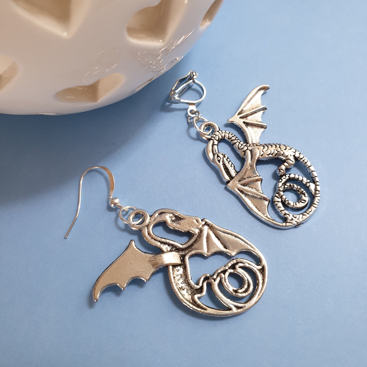 Silver Tone Dragon Statement Earrings. Hypoallergenic, Nickel Free or Clip Ons. Dragon Jewellery