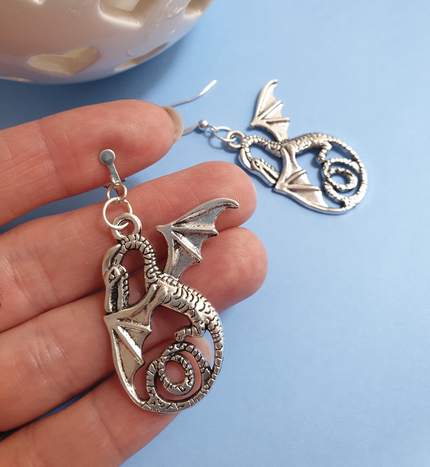 Silver Tone Dragon Statement Earrings. Hypoallergenic, Nickel Free or Clip Ons. Dragon Jewellery