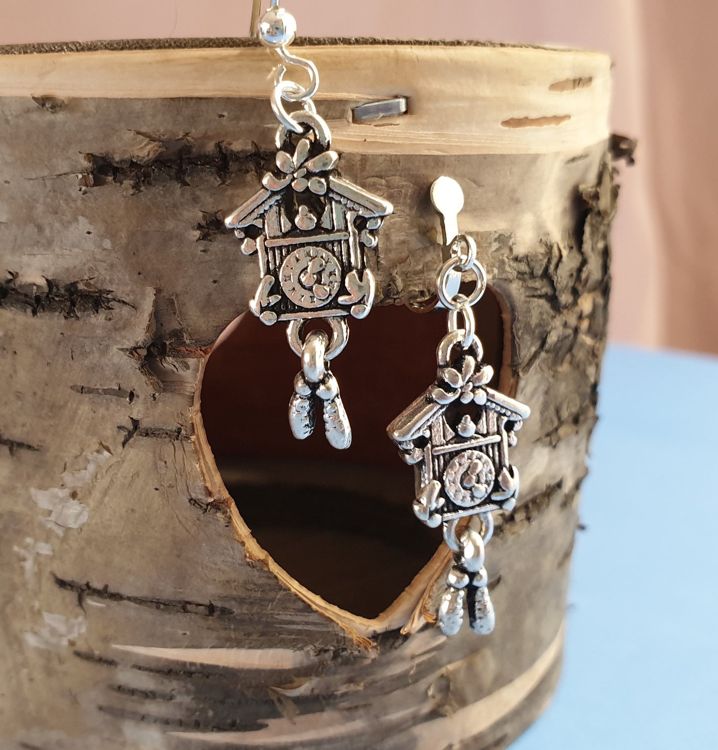 Silver Tone Cuckoo Clock Earrings.  Hypoallergenic Wires, Nickel Free, Clip On Earrings