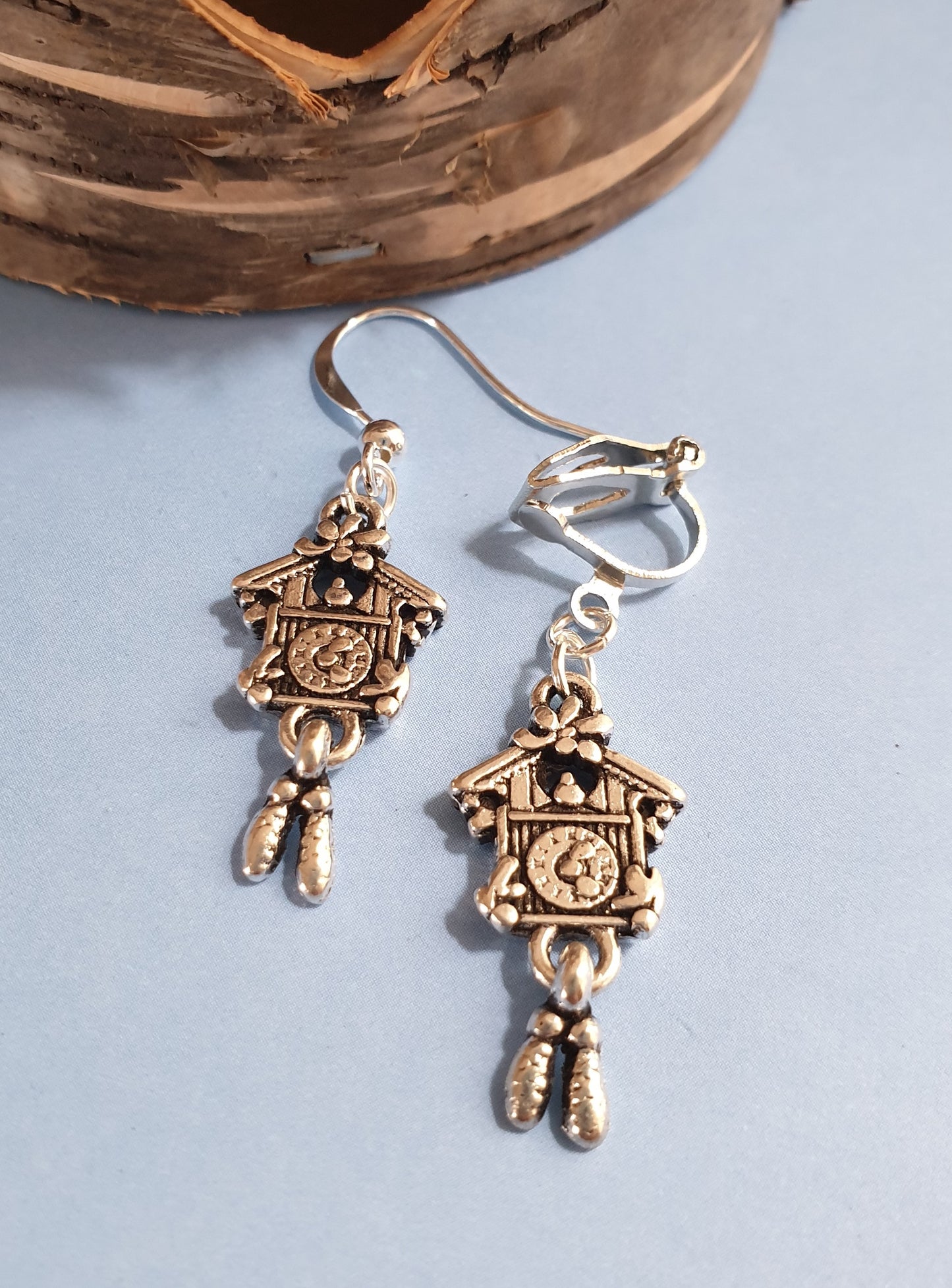 Silver Tone Cuckoo Clock Earrings.  Hypoallergenic Wires, Nickel Free, Clip On Earrings