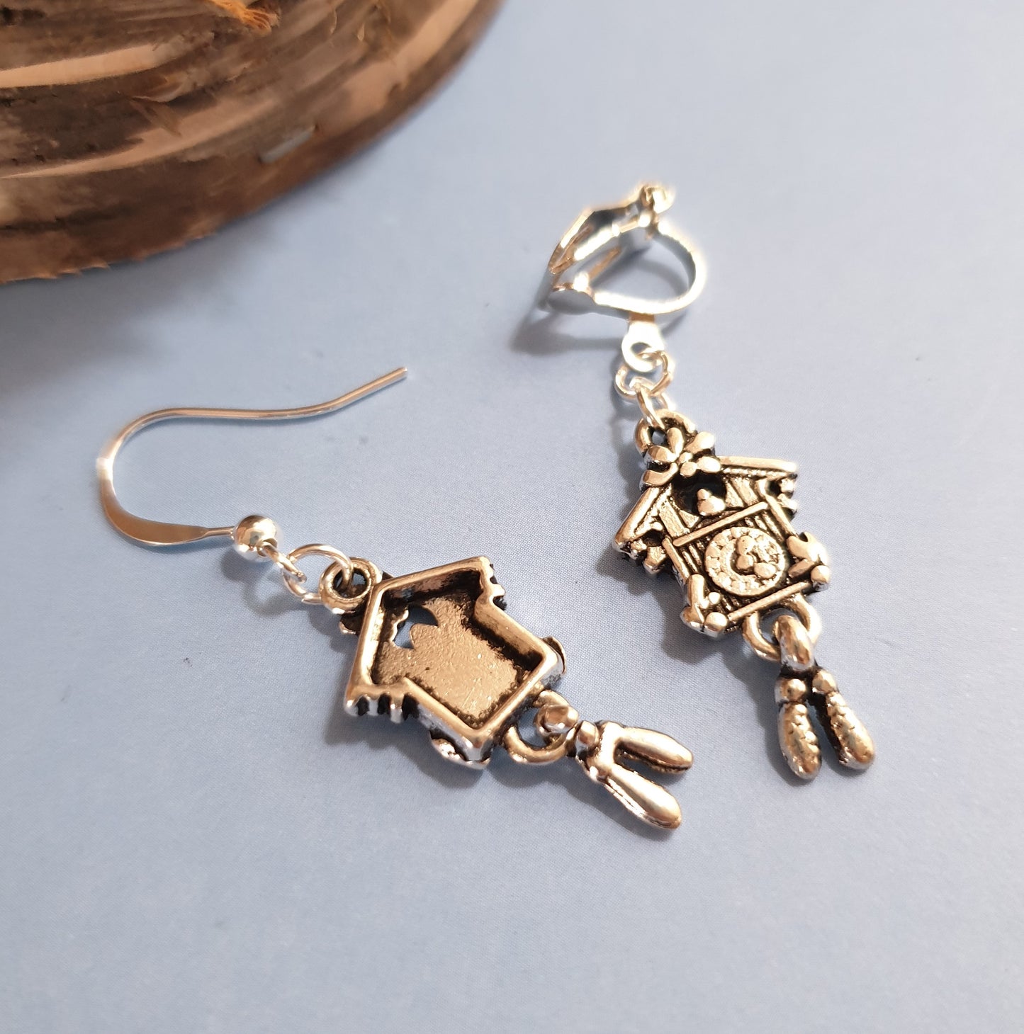 Silver Tone Cuckoo Clock Earrings.  Hypoallergenic Wires, Nickel Free, Clip On Earrings