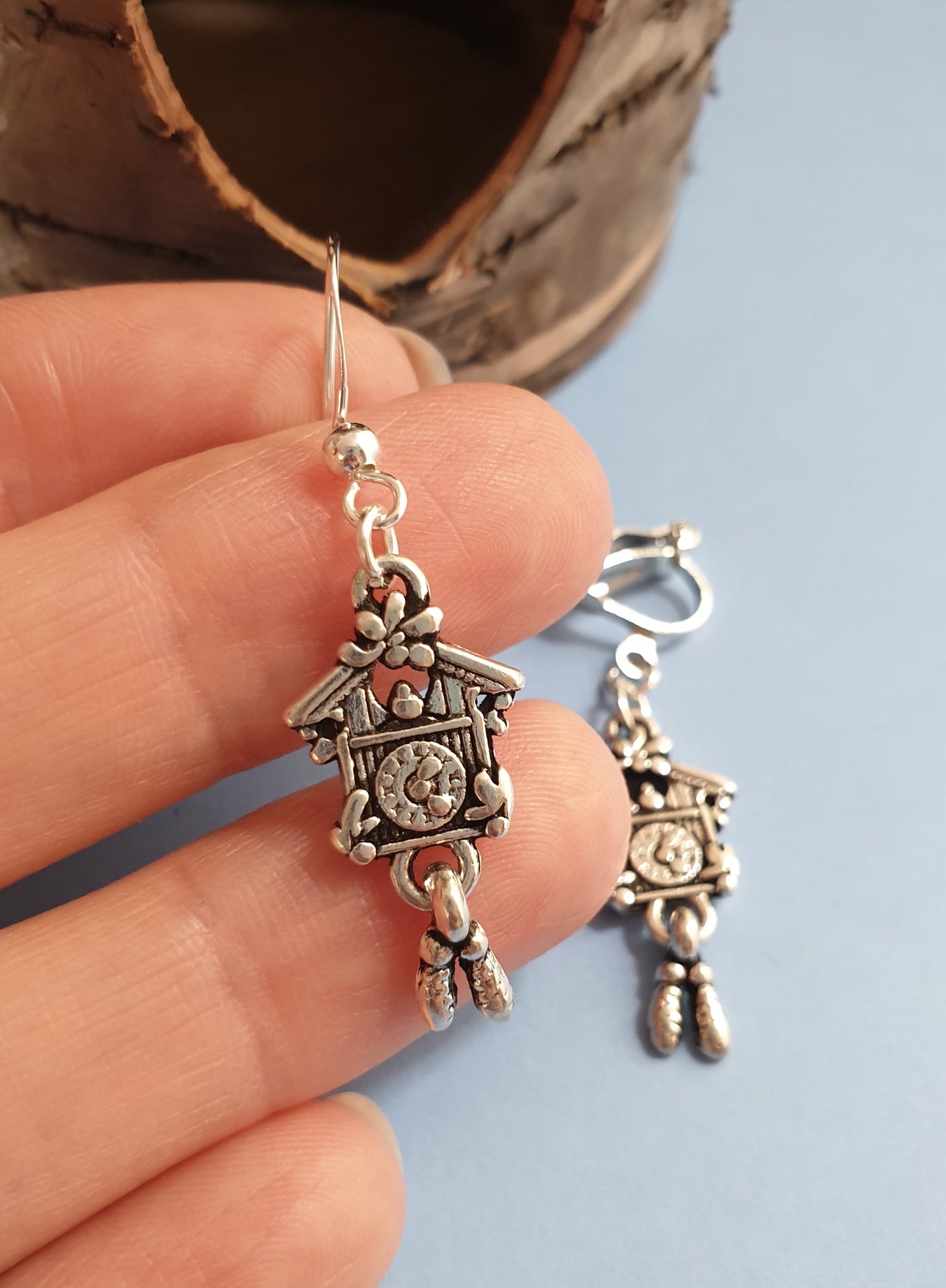 Silver Tone Cuckoo Clock Earrings.  Hypoallergenic Wires, Nickel Free, Clip On Earrings