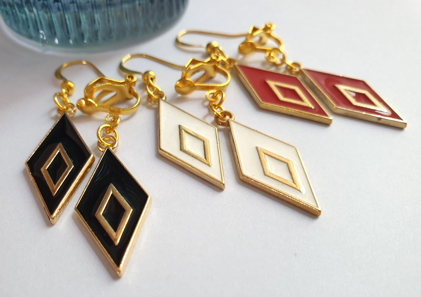 Gold Tone Rhombus / Diamond Shape Earrings. Red, Black, White.  Hypoallergenic, Nickel Free or Clip On Earrings