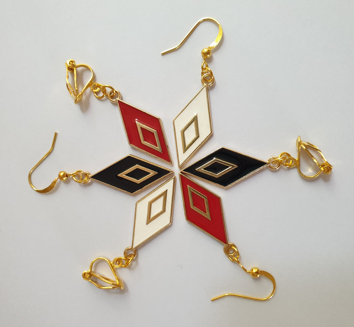 Gold Tone Rhombus / Diamond Shape Earrings. Red, Black, White.  Hypoallergenic, Nickel Free or Clip On Earrings