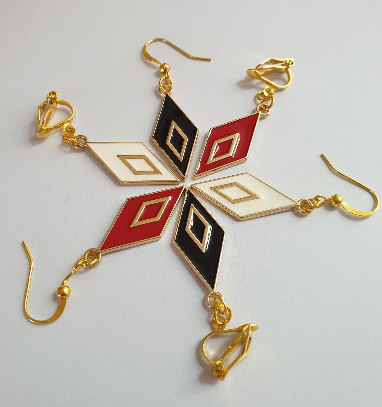 Gold Tone Rhombus / Diamond Shape Earrings. Red, Black, White.  Hypoallergenic, Nickel Free or Clip On Earrings