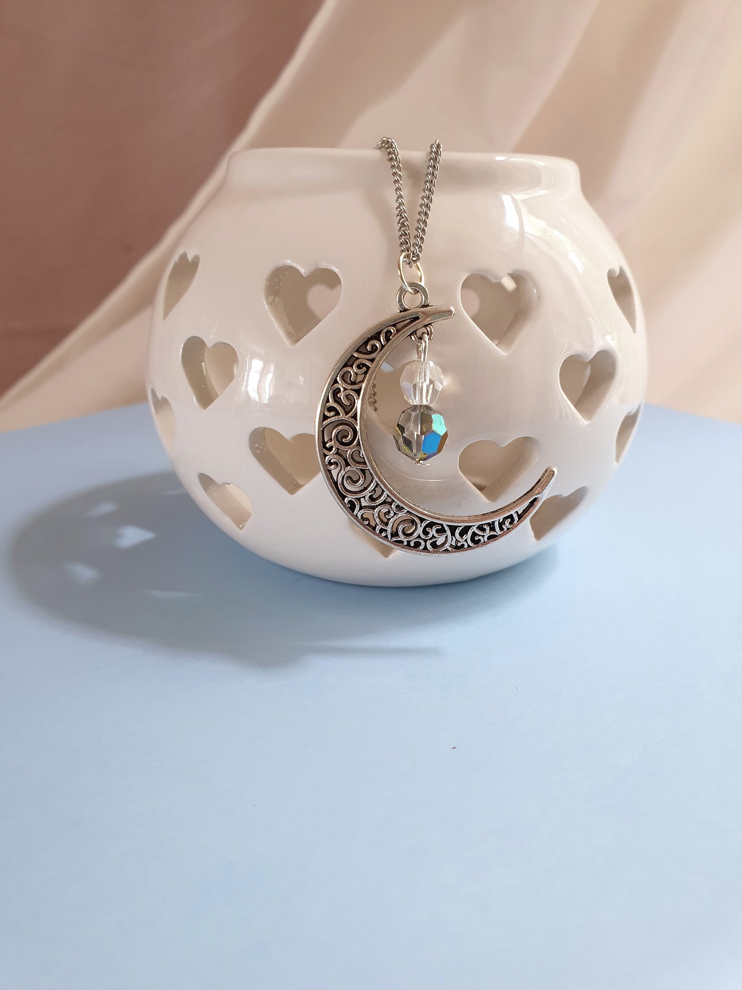 Silver Tone Moon Pendant Necklace with Beads. Moon Jewellery, Moon Jewelry, Crescent Moon