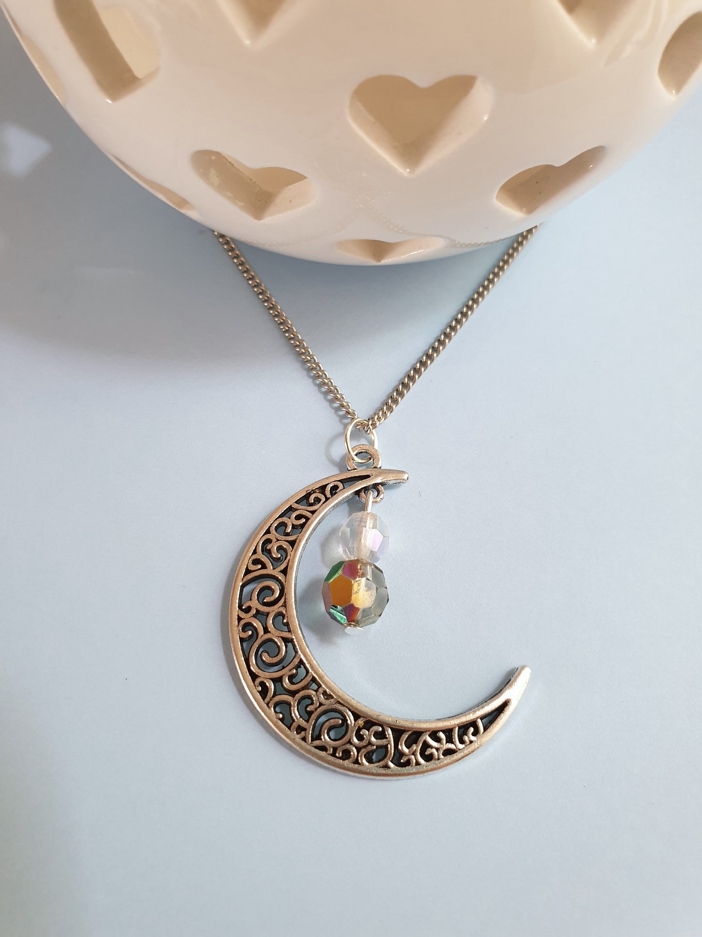 Silver Tone Moon Pendant Necklace with Beads. Moon Jewellery, Moon Jewelry, Crescent Moon