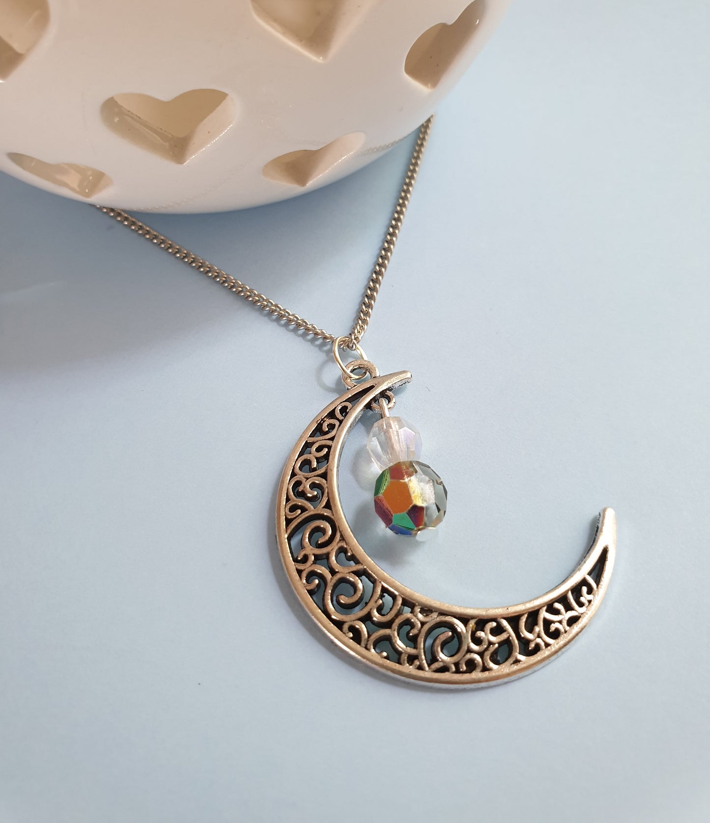 Silver Tone Moon Pendant Necklace with Beads. Moon Jewellery, Moon Jewelry, Crescent Moon