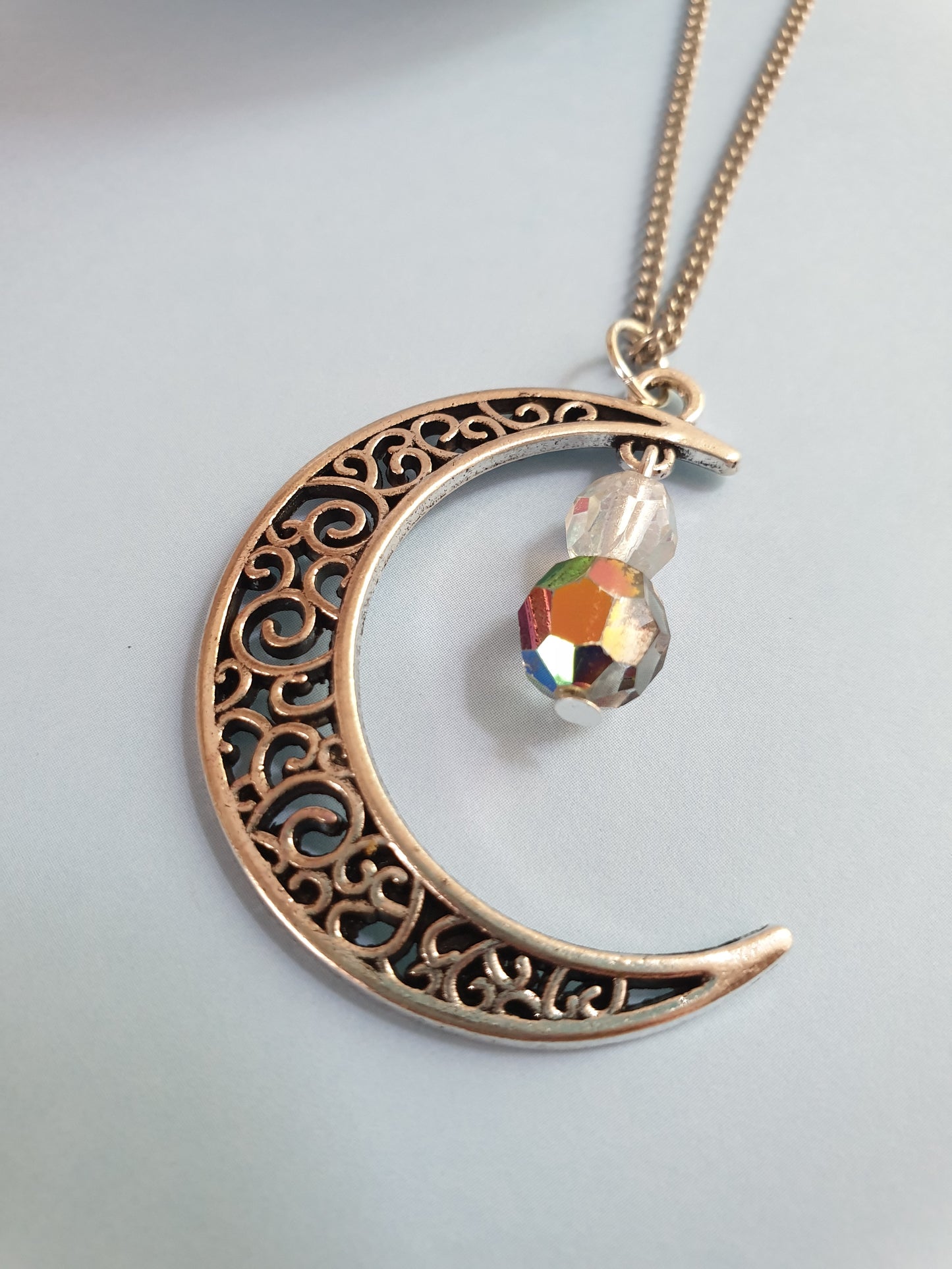 Silver Tone Moon Pendant Necklace with Beads. Moon Jewellery, Moon Jewelry, Crescent Moon