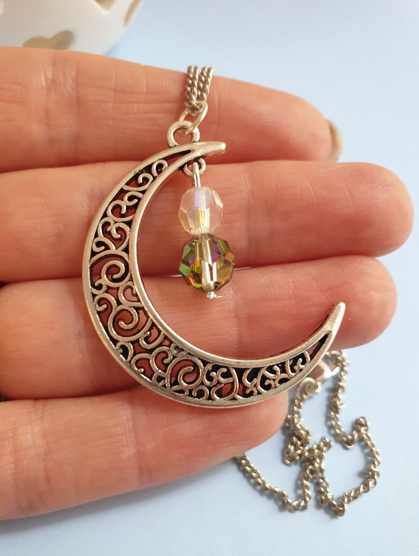 Silver Tone Moon Pendant Necklace with Beads. Moon Jewellery, Moon Jewelry, Crescent Moon