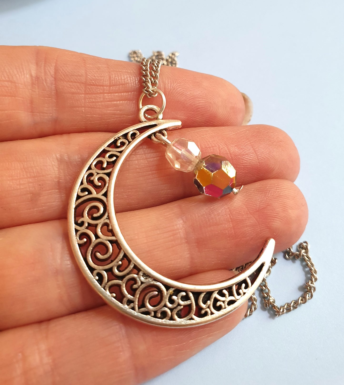 Silver Tone Moon Pendant Necklace with Beads. Moon Jewellery, Moon Jewelry, Crescent Moon