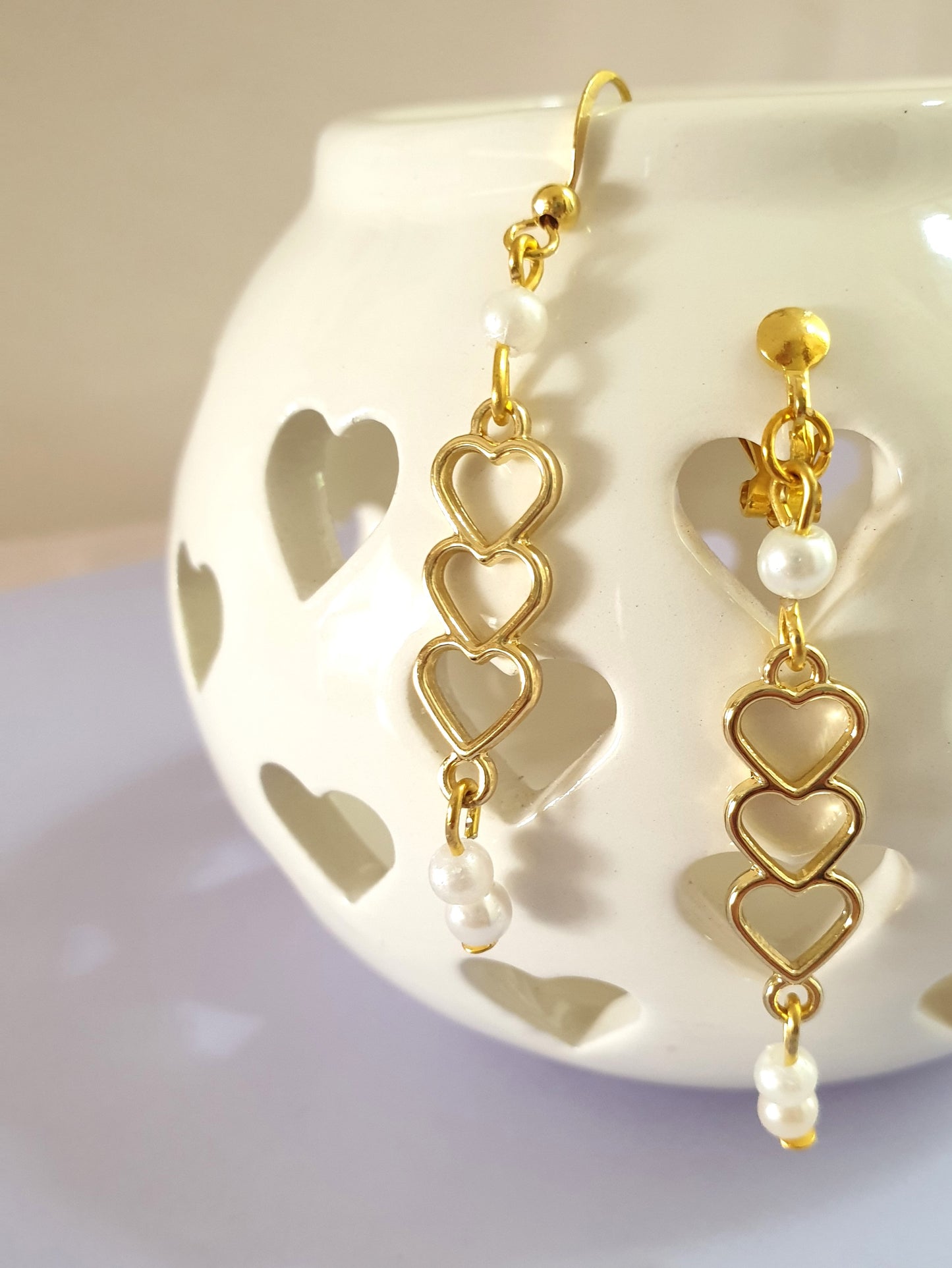 Triple Heart Earrings in Gold Tone with Faux Pearl Detail. Hypoallergenic, Nickel Free or Clip On