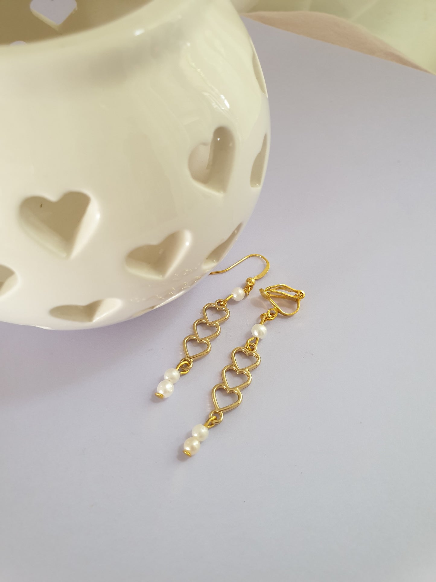 Triple Heart Earrings in Gold Tone with Faux Pearl Detail. Hypoallergenic, Nickel Free or Clip On