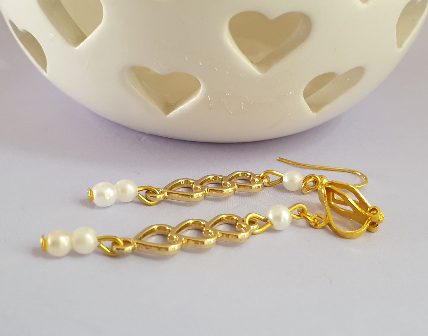 Triple Heart Earrings in Gold Tone with Faux Pearl Detail. Hypoallergenic, Nickel Free or Clip On