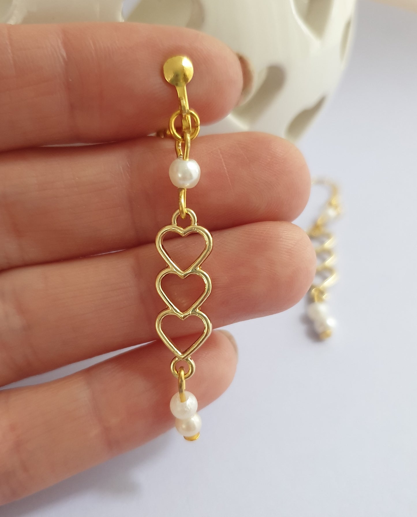 Triple Heart Earrings in Gold Tone with Faux Pearl Detail. Hypoallergenic, Nickel Free or Clip On