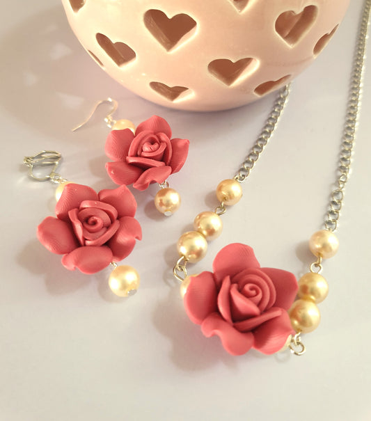 Large Dark Pink Rose Necklace and Earrings. Flower Necklace. Flower Earrings. Hypoallergenic, Nickel Free, Clip Ons