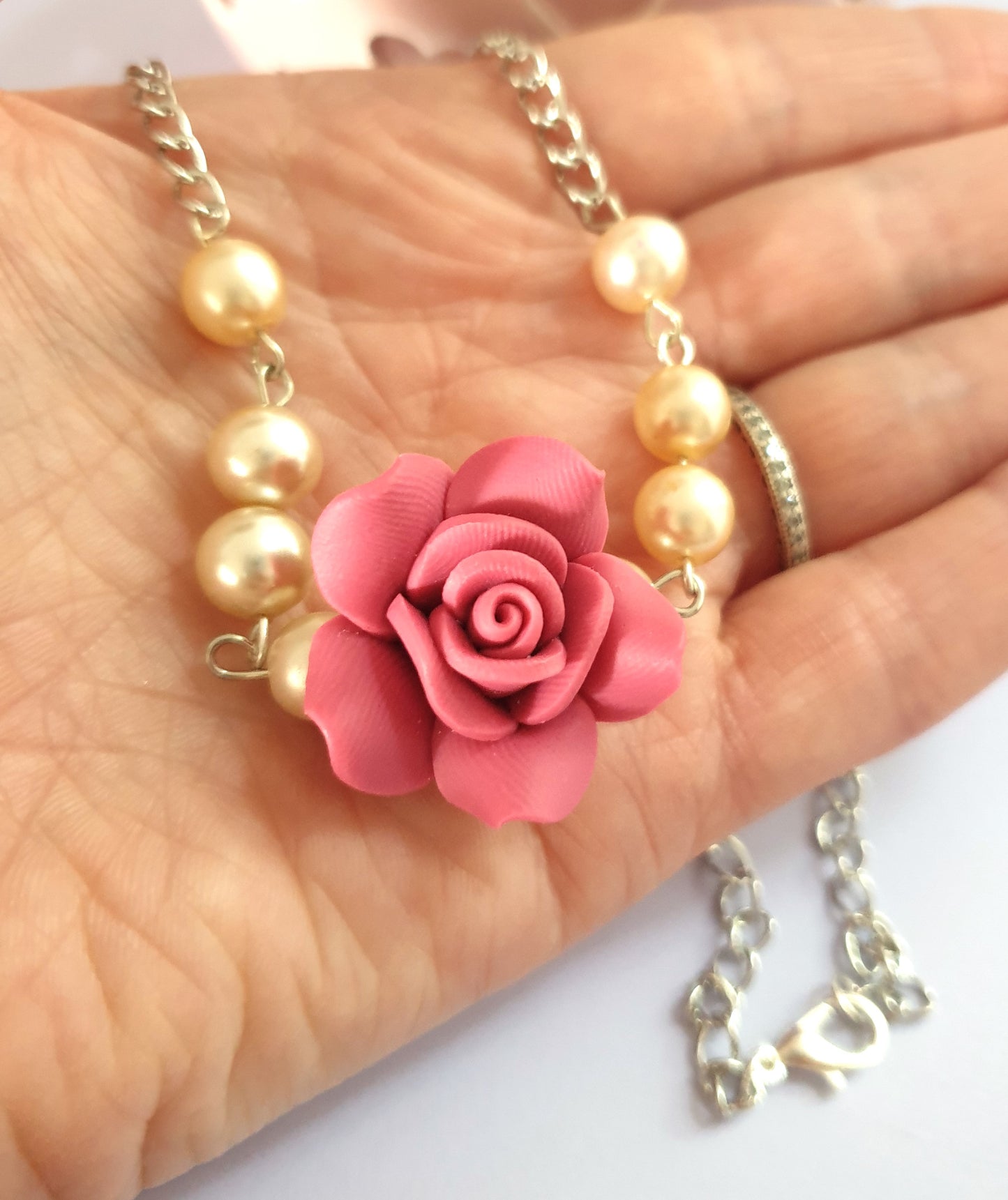 Large Dark Pink Rose Necklace and Earrings. Flower Necklace. Flower Earrings. Hypoallergenic, Nickel Free, Clip Ons