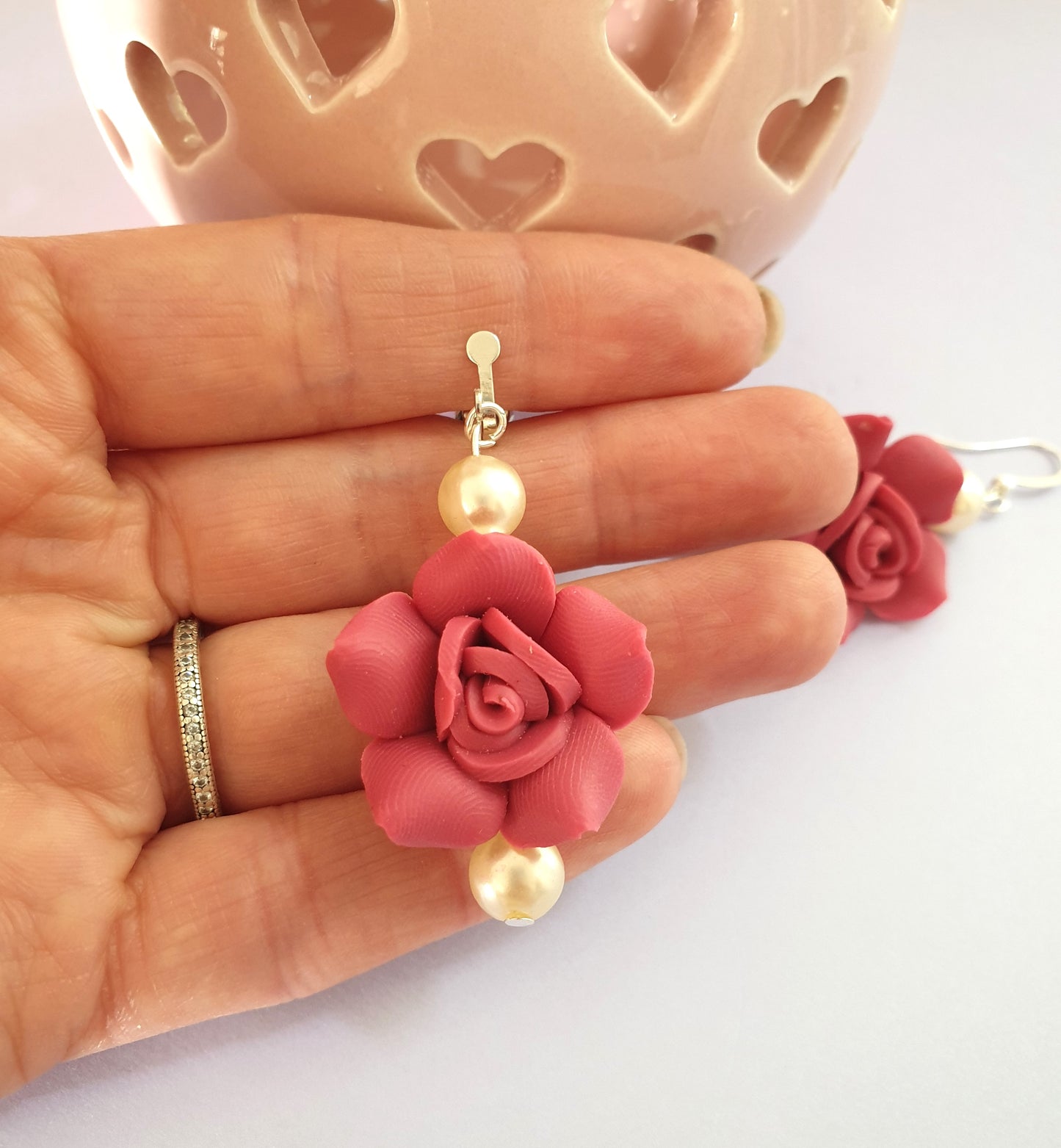 Large Dark Pink Rose Necklace and Earrings. Flower Necklace. Flower Earrings. Hypoallergenic, Nickel Free, Clip Ons