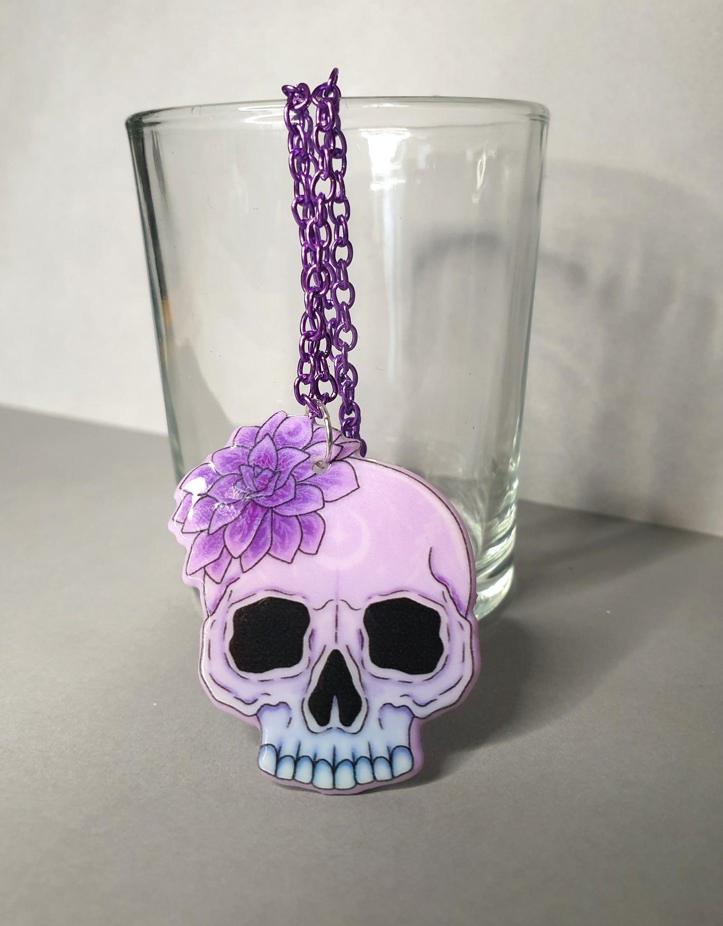 Purple Skull with Flower Pendant Necklace. Spooky Halloween Necklace. Quirky Necklace