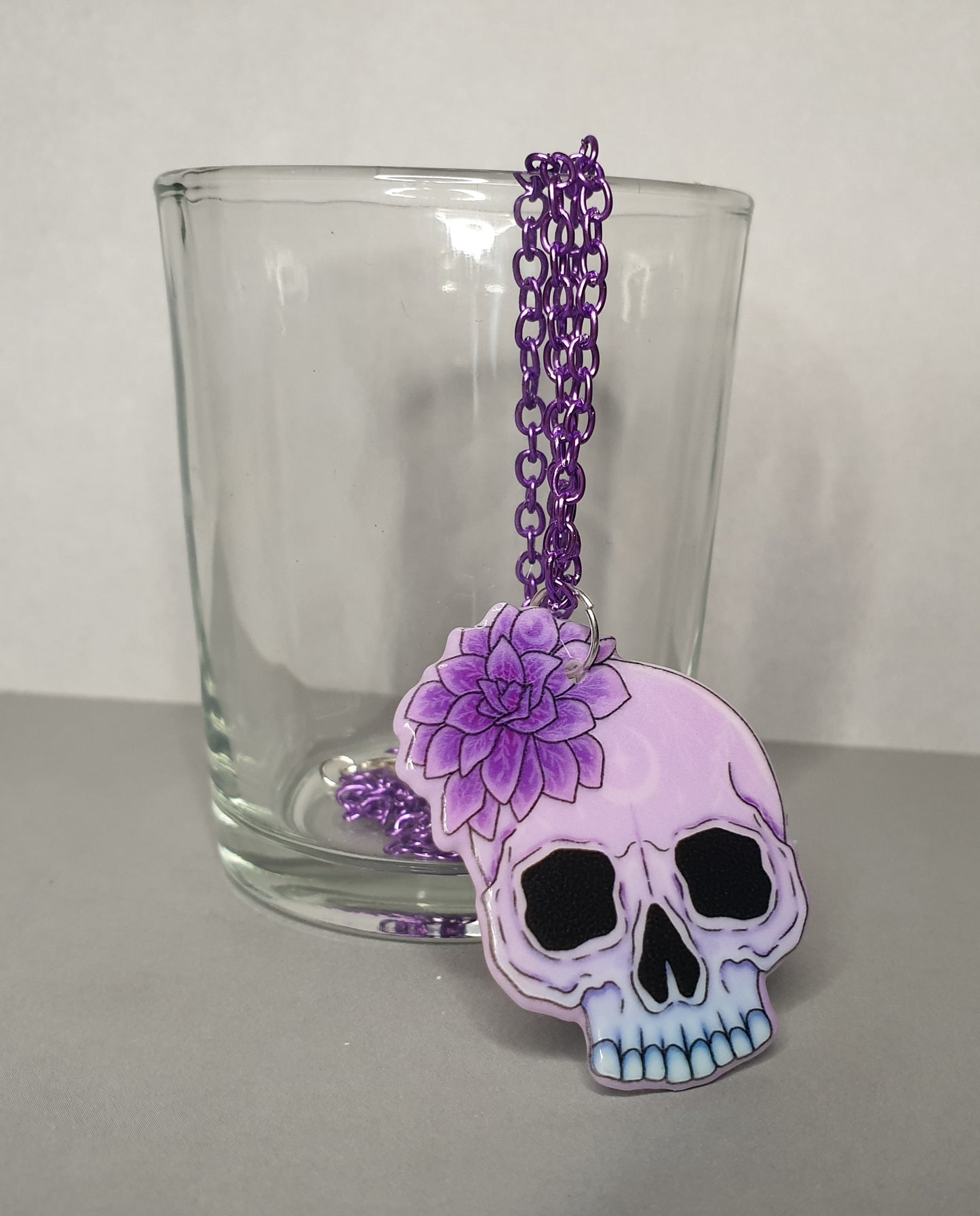 Purple Skull with Flower Pendant Necklace. Spooky Halloween Necklace. Quirky Necklace