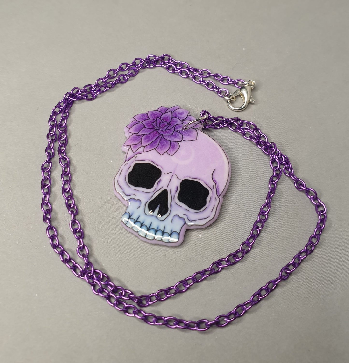 Purple Skull with Flower Pendant Necklace. Spooky Halloween Necklace. Quirky Necklace