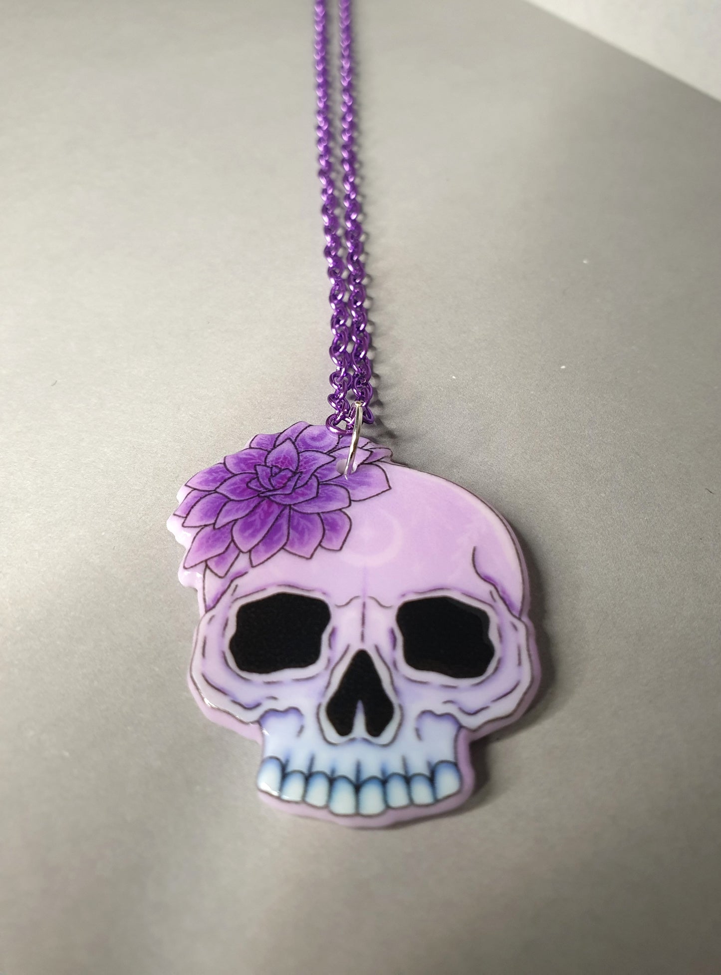 Purple Skull with Flower Pendant Necklace. Spooky Halloween Necklace. Quirky Necklace