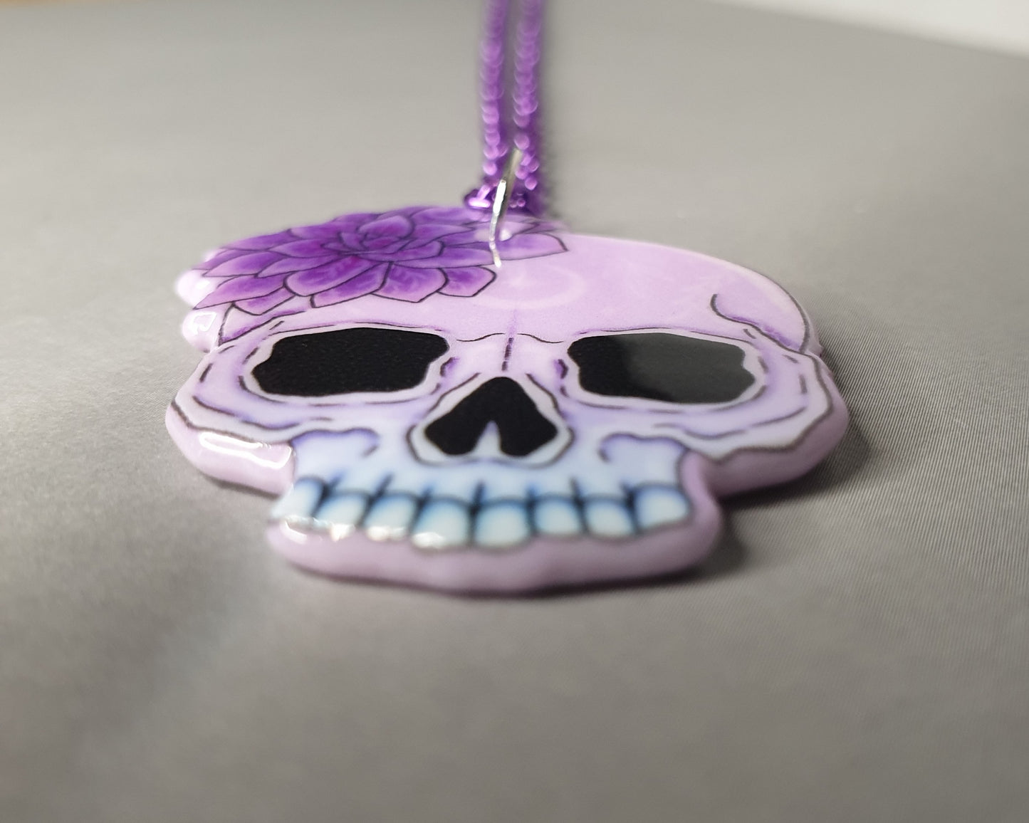 Purple Skull with Flower Pendant Necklace. Spooky Halloween Necklace. Quirky Necklace