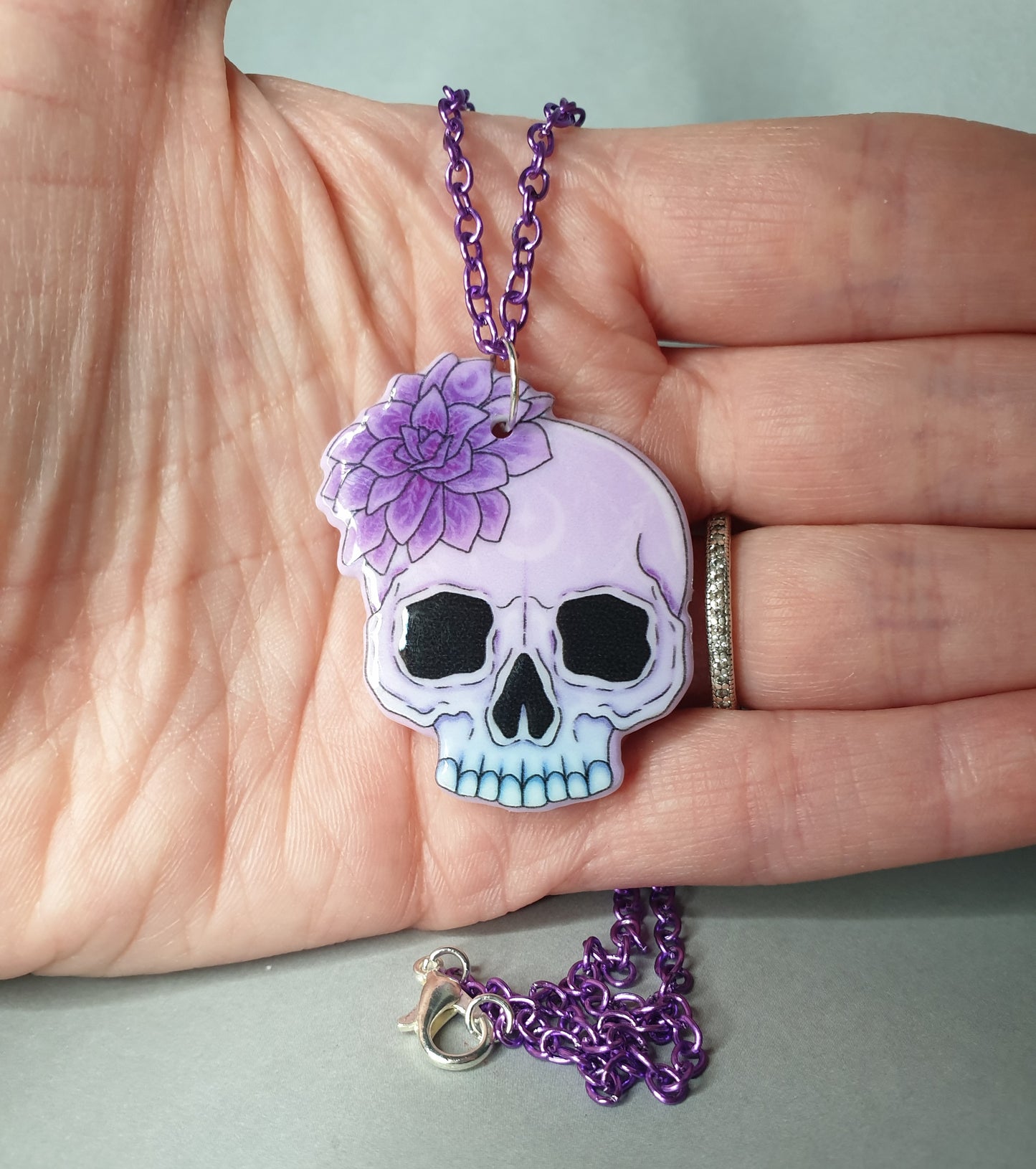 Purple Skull with Flower Pendant Necklace. Spooky Halloween Necklace. Quirky Necklace