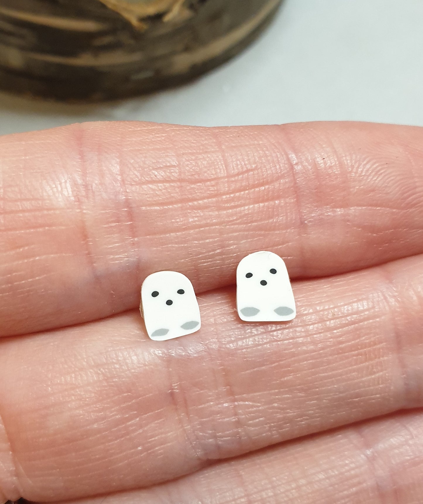 Tiny Ghost Stud Earrings. Allergy Free Plastic Posts. Halloween Studs