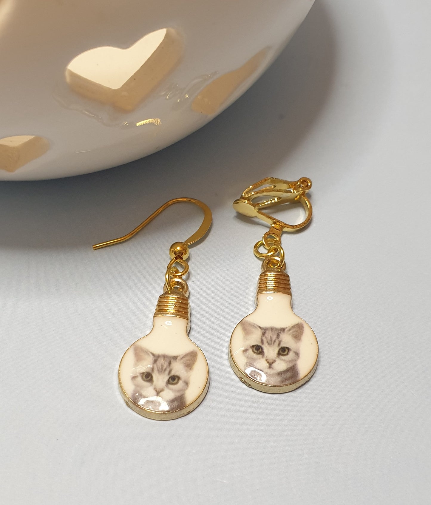 Cat Face Lightbulb Earrings. Nickel Free or Clip On