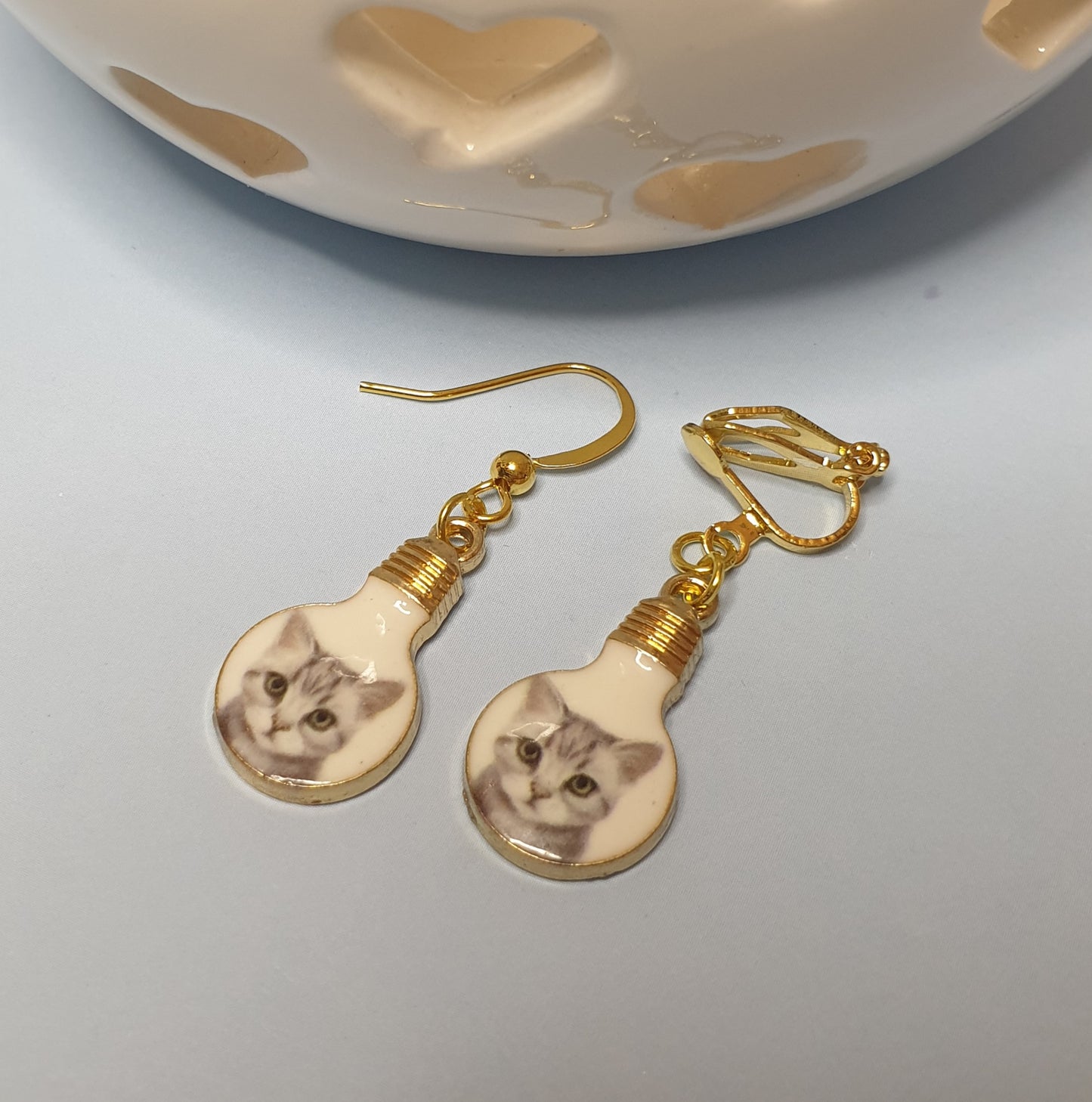 Cat Face Lightbulb Earrings. Nickel Free or Clip On