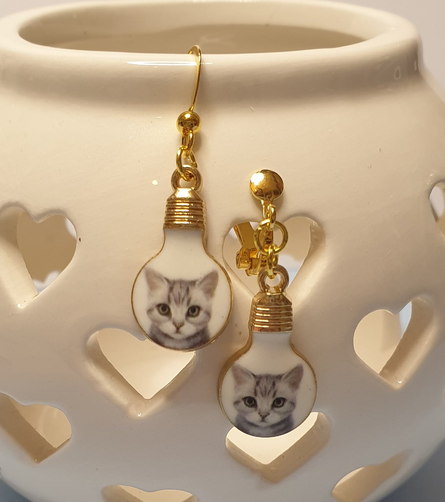 Cat Face Lightbulb Earrings. Nickel Free or Clip On